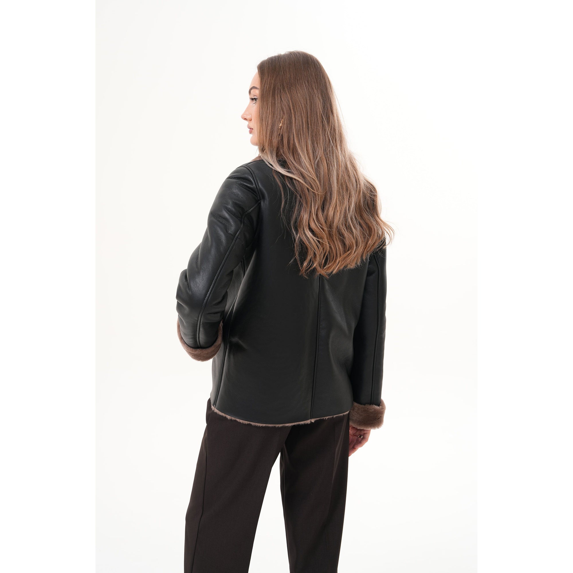 The Zurich Double-Breasted Brown Shearling Collar Leather Women Jacket
