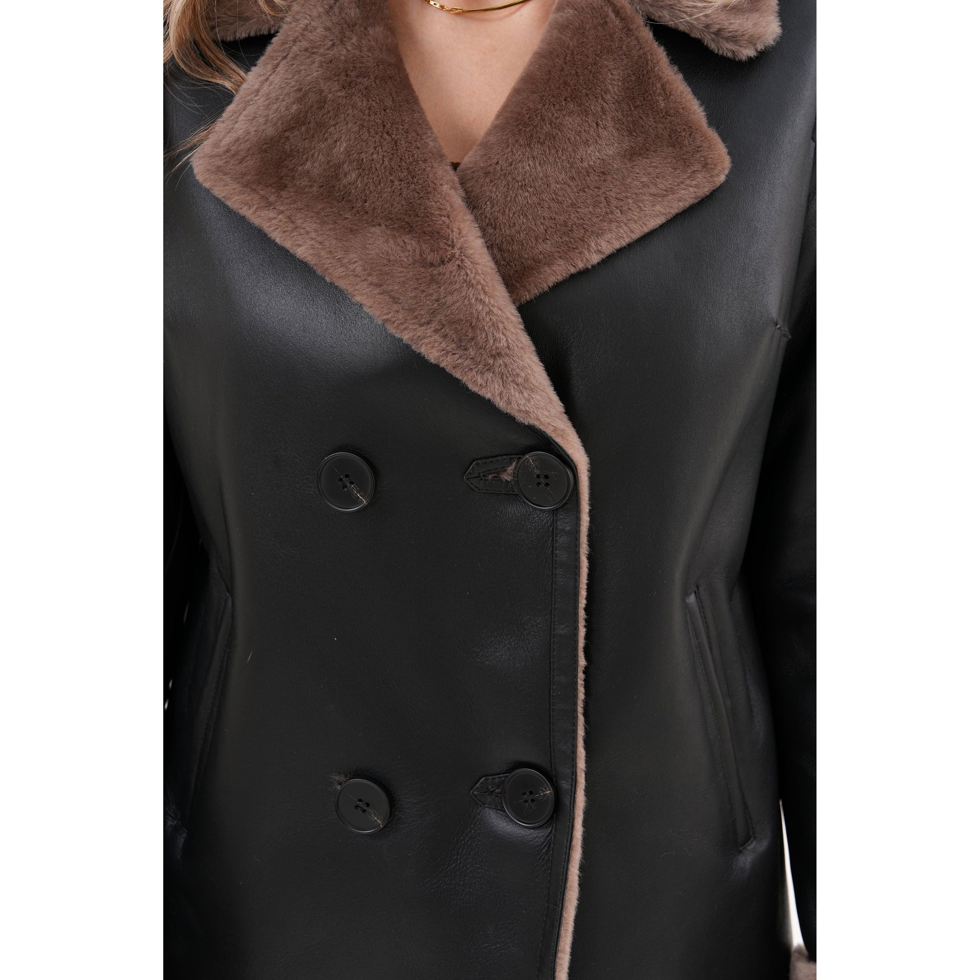 The Zurich Double-Breasted Brown Shearling Collar Leather Women Jacket