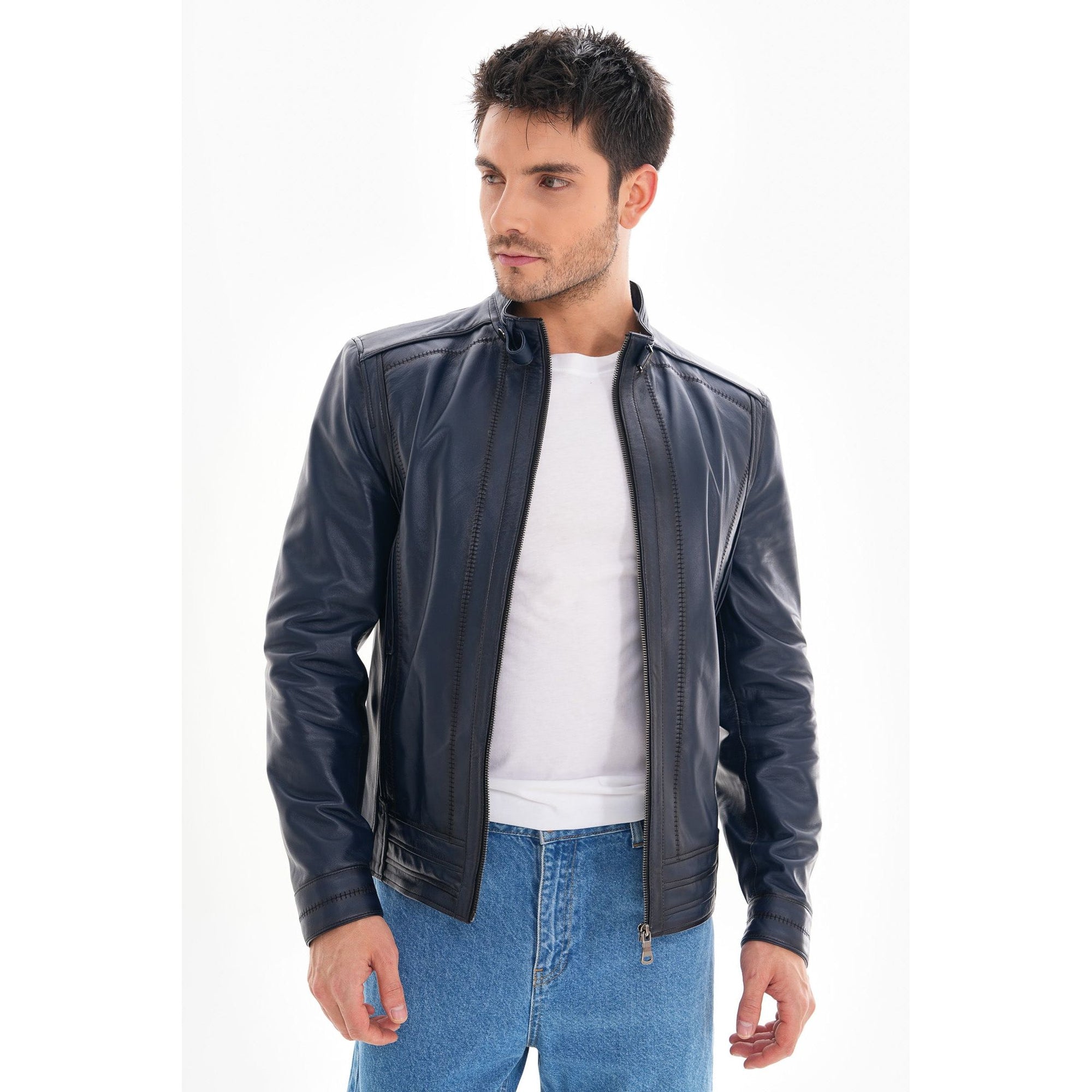 The Arezzo Navy Blue Leather Men Jacket