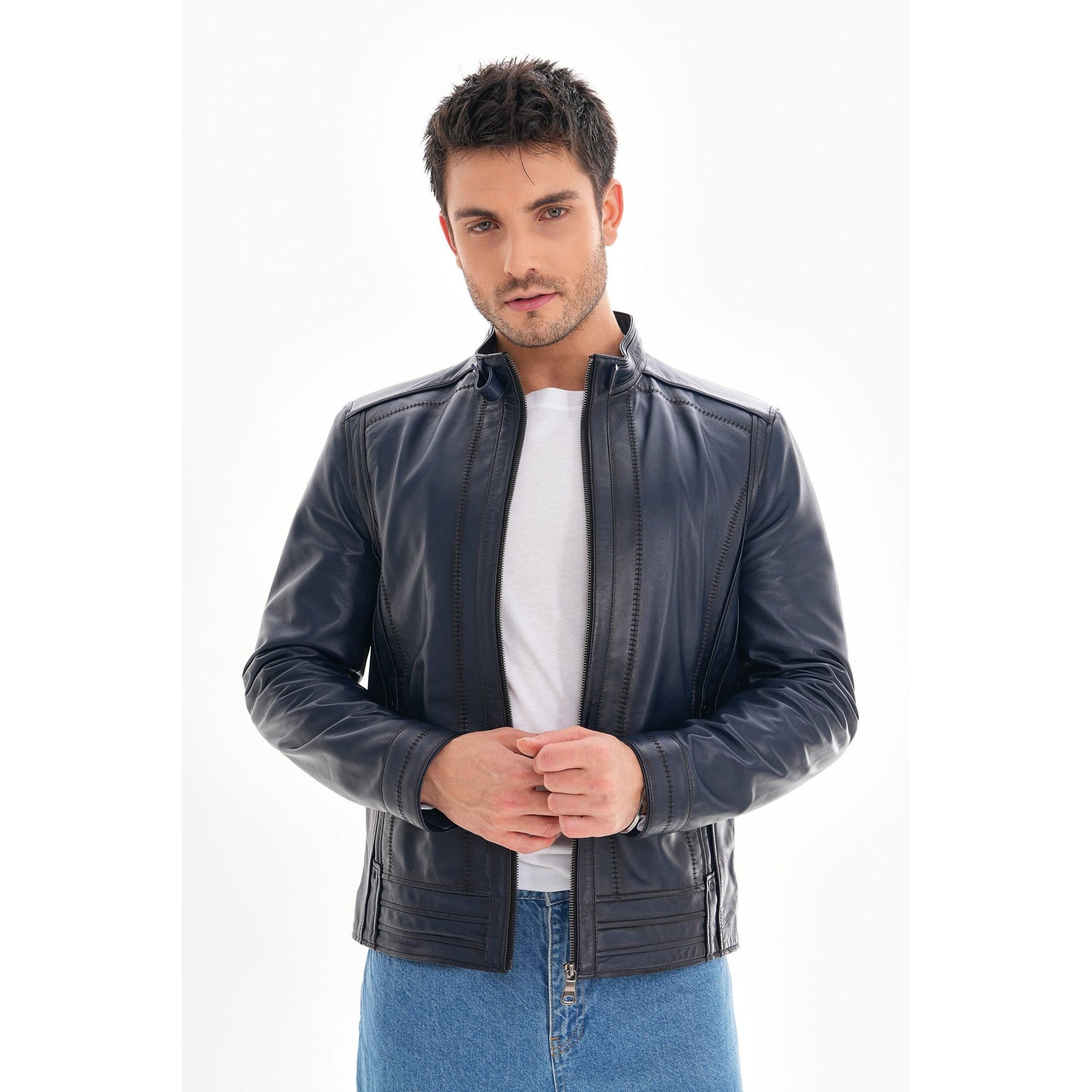 The Arezzo Navy Blue Leather Men Jacket