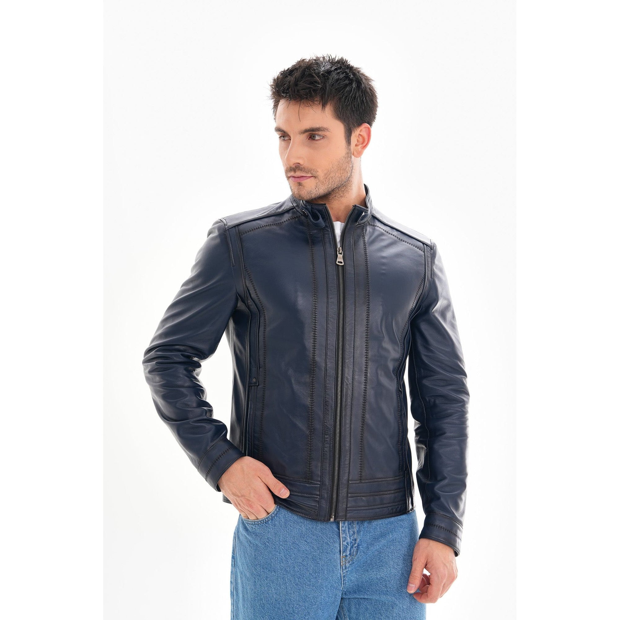 The Arezzo Navy Blue Leather Men Jacket