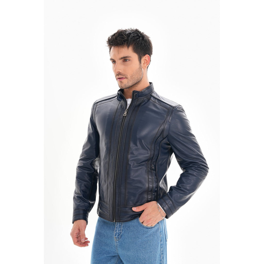 The Arezzo Navy Blue Leather Men Jacket