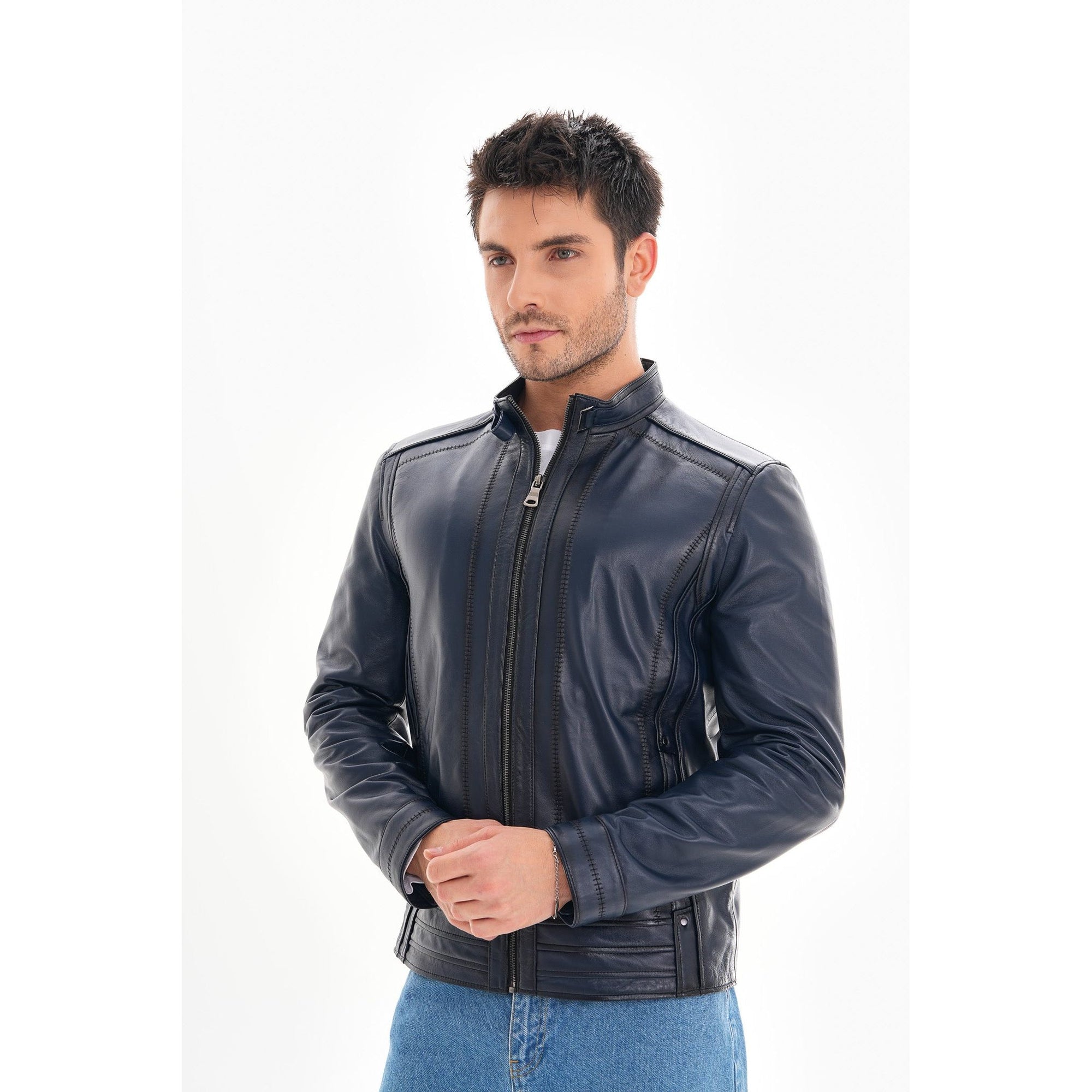 The Arezzo Navy Blue Leather Men Jacket