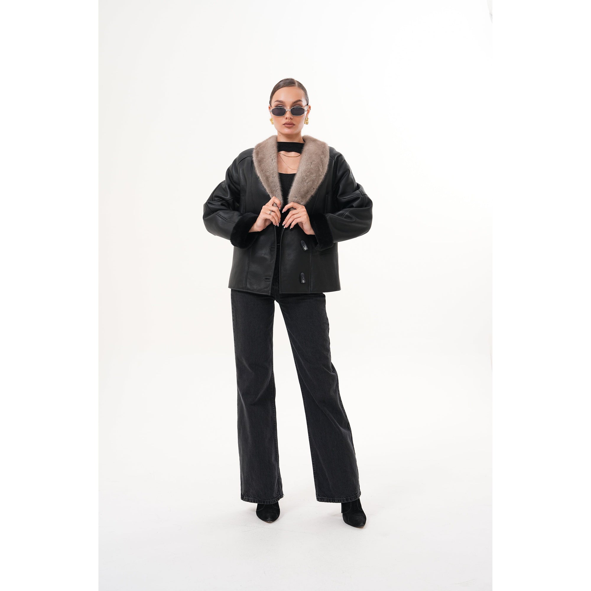 The Estelle Black & Beige Shearling Leather Women Jacket