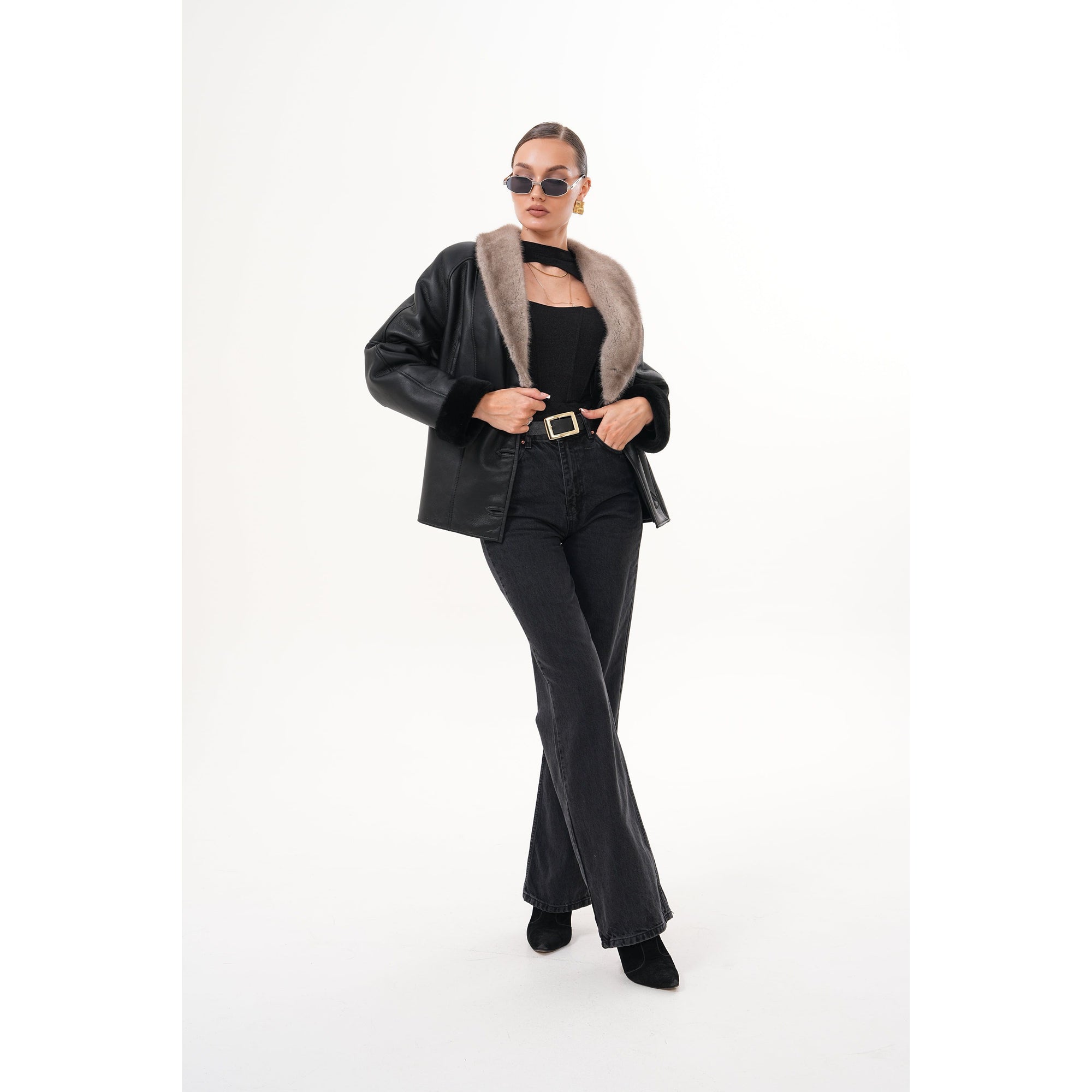 The Estelle Black & Beige Shearling Leather Women Jacket