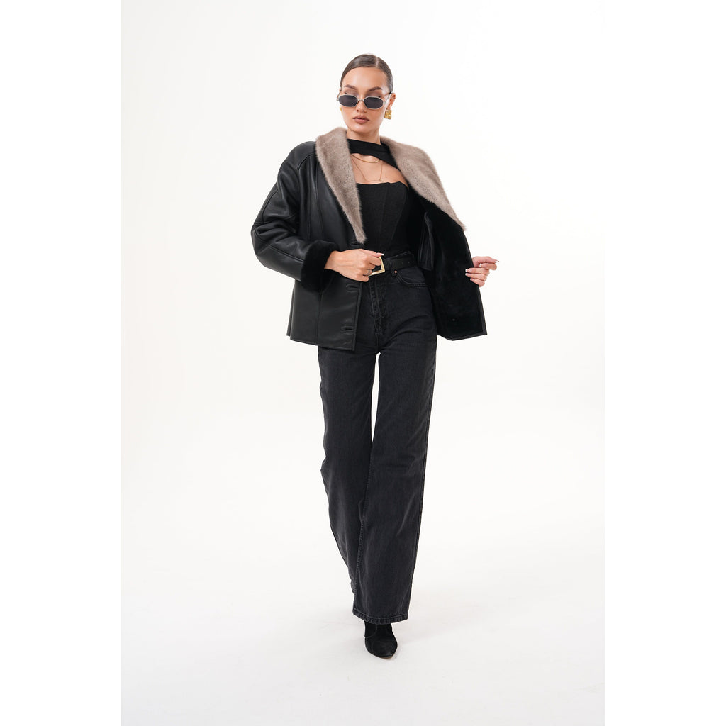 The Estelle Black & Beige Shearling Leather Women Jacket