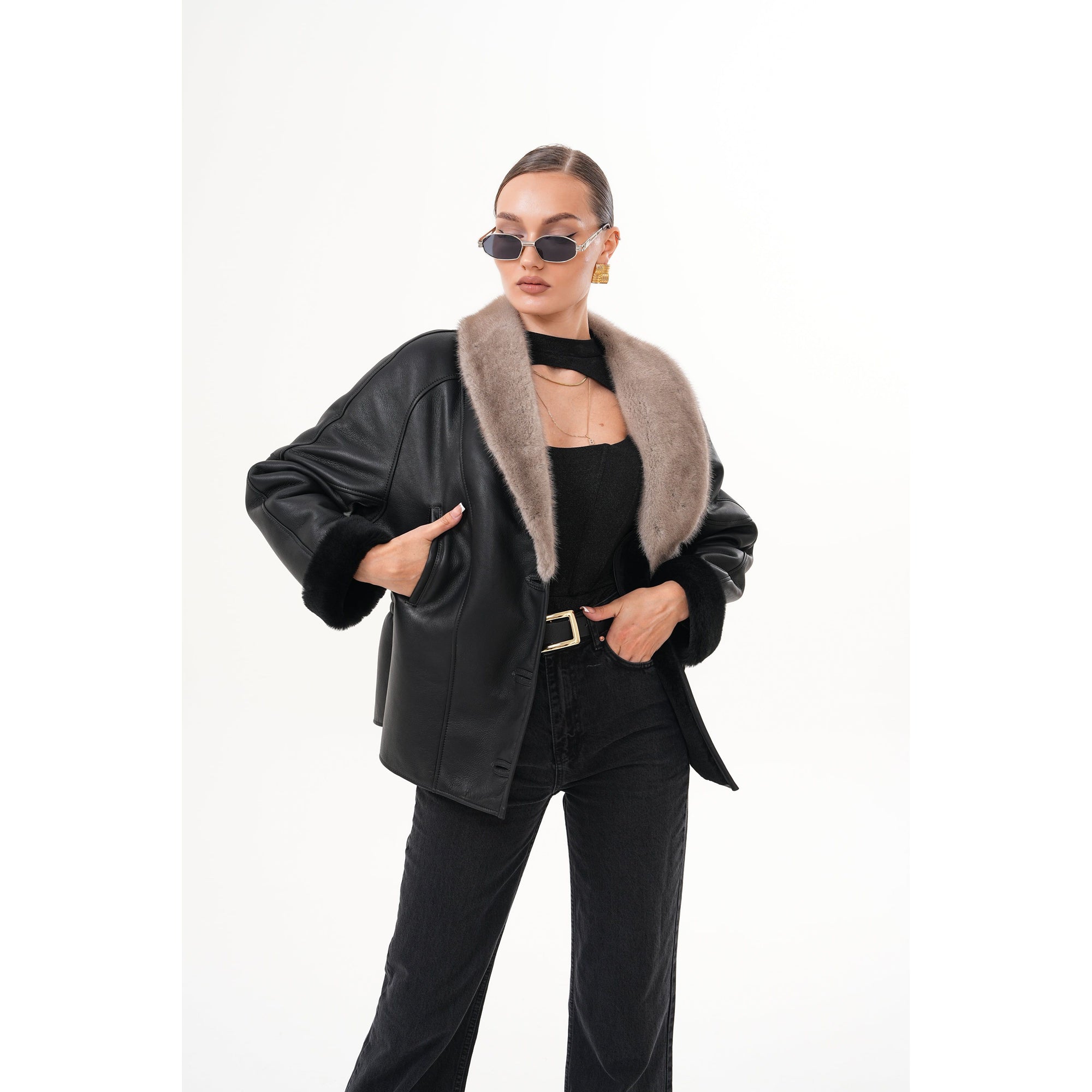 The Estelle Black & Beige Shearling Leather Women Jacket