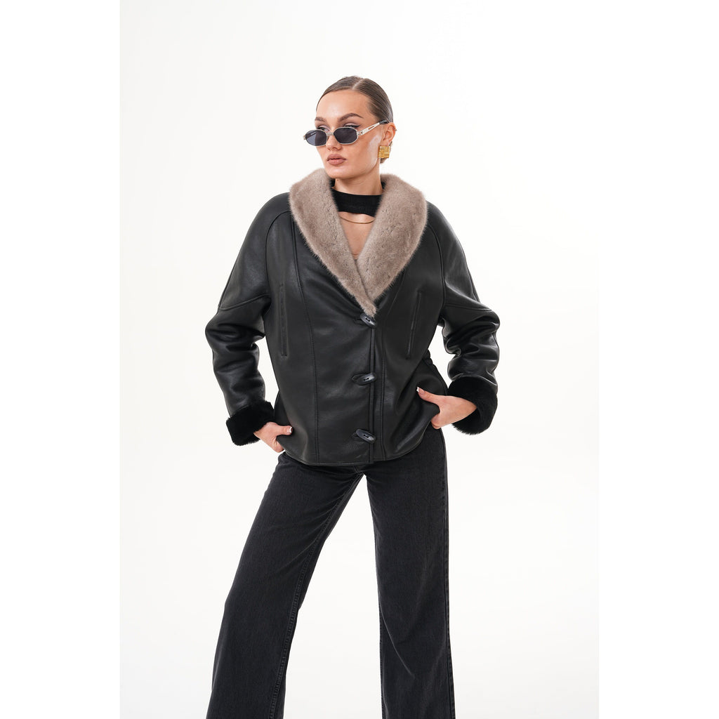 The Estelle Black & Beige Shearling Leather Women Jacket