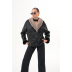 The Estelle Black & Beige Shearling Leather Women Jacket