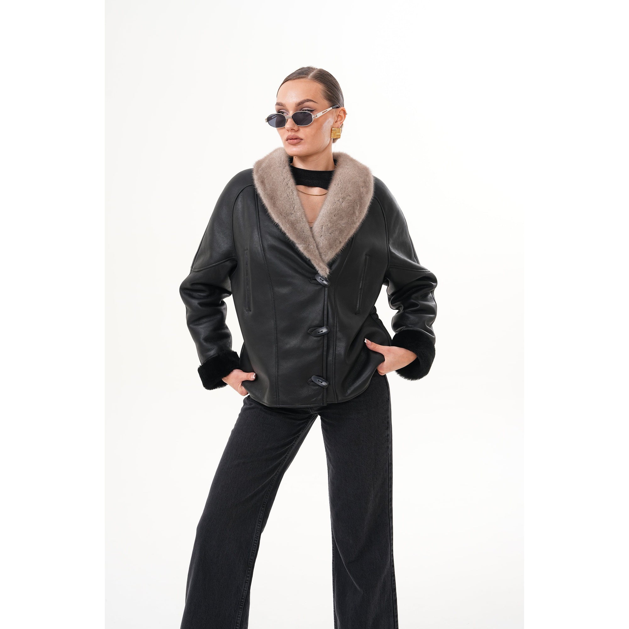 The Estelle Black & Beige Shearling Leather Women Jacket