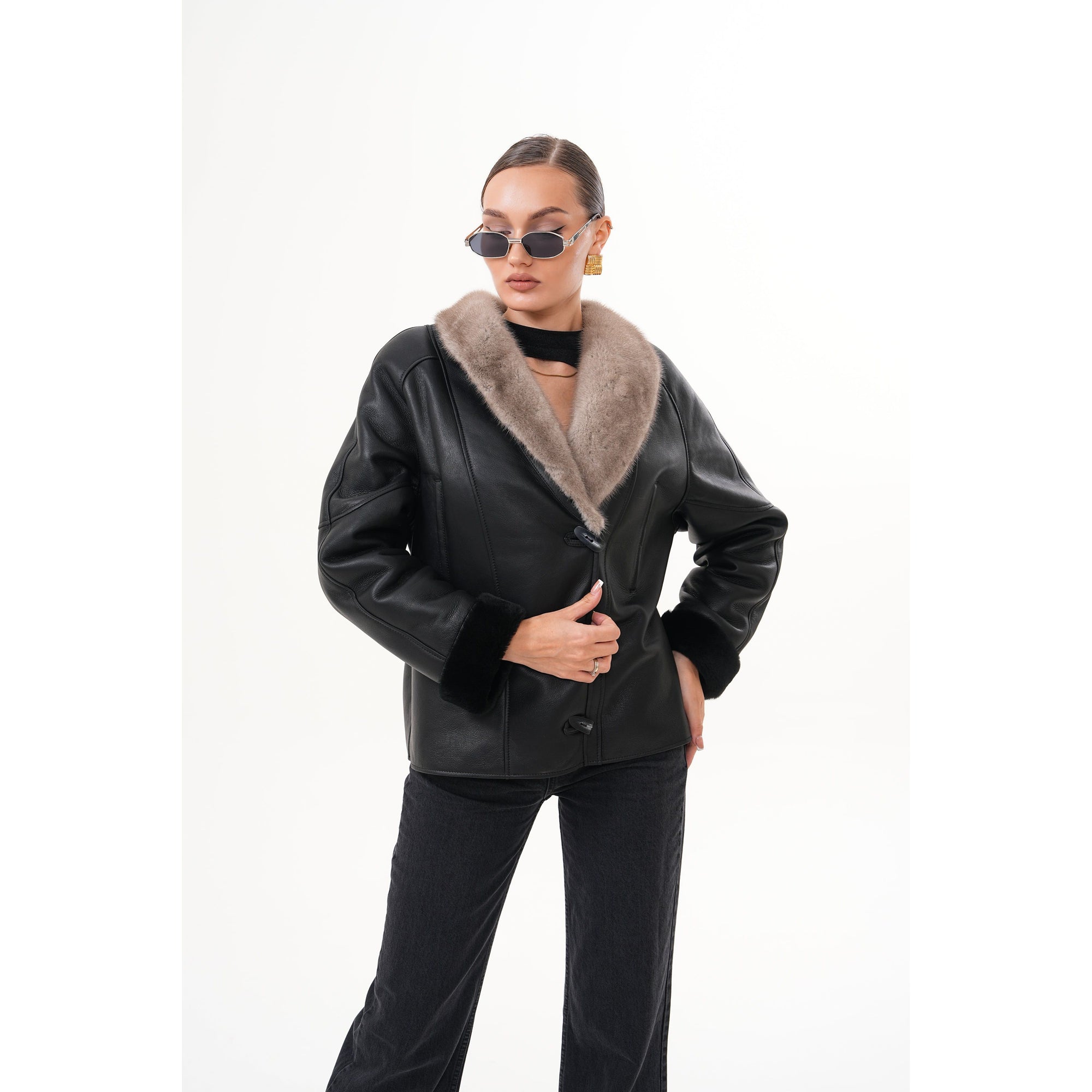 The Estelle Black & Beige Shearling Leather Women Jacket