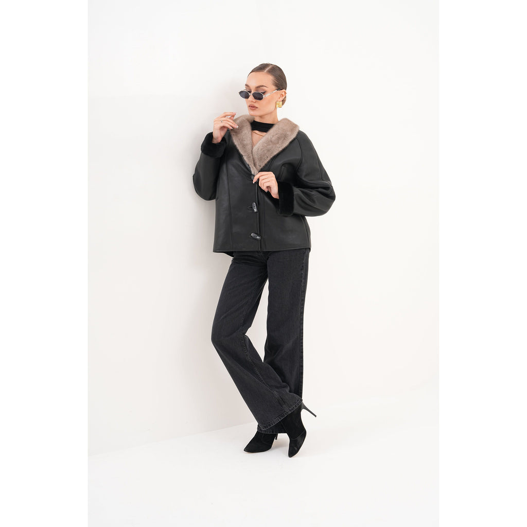 The Estelle Black & Beige Shearling Leather Women Jacket