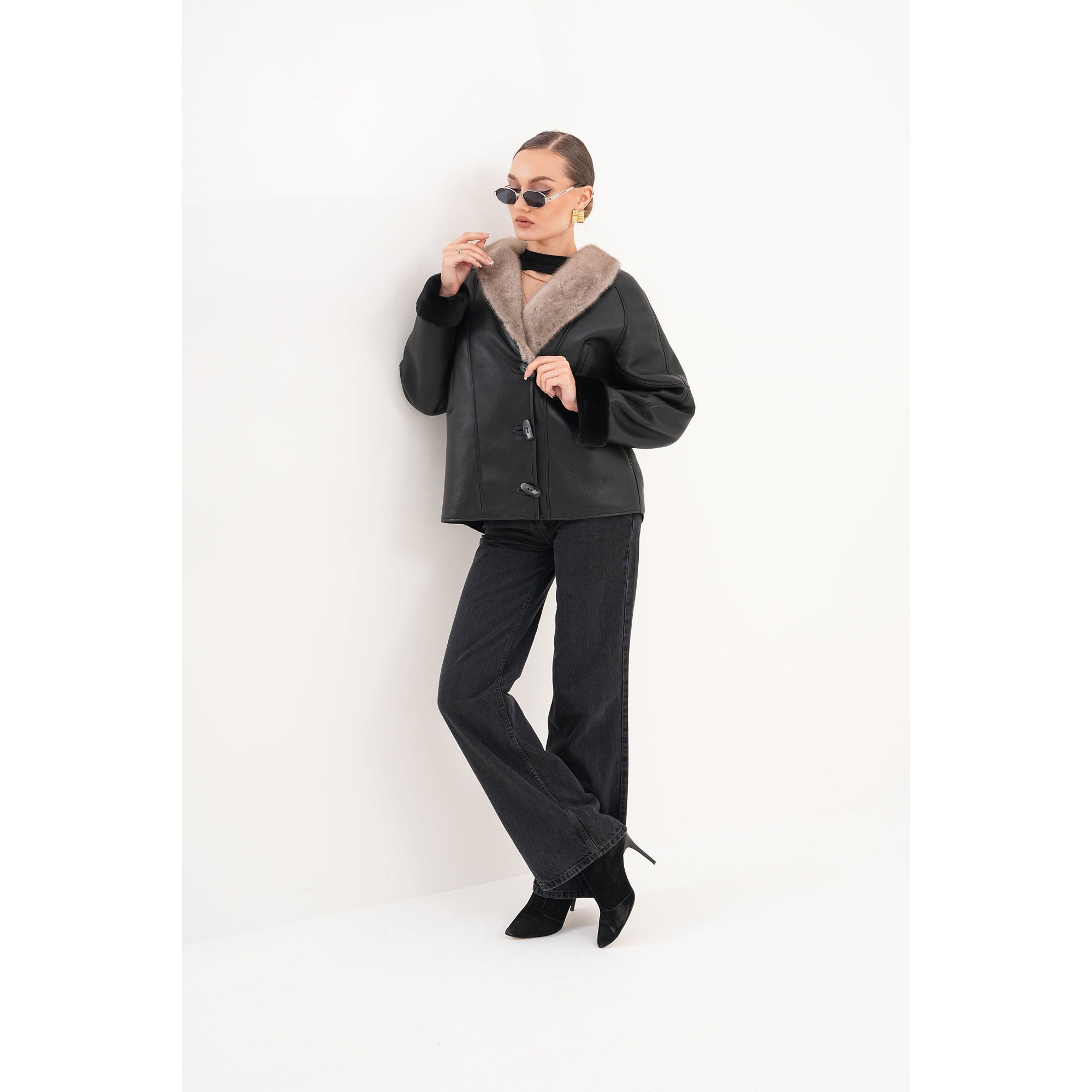 The Estelle Black & Beige Shearling Leather Women Jacket