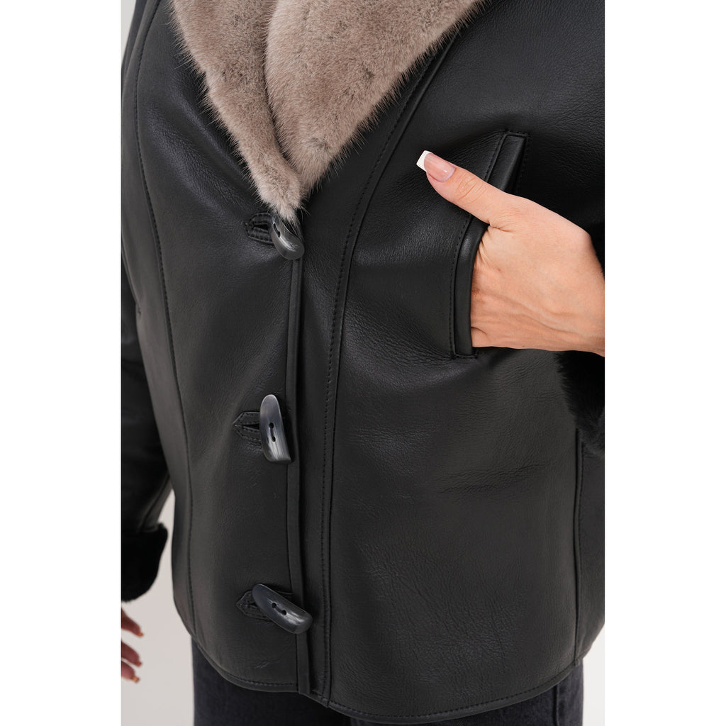 The Estelle Black & Beige Shearling Leather Women Jacket
