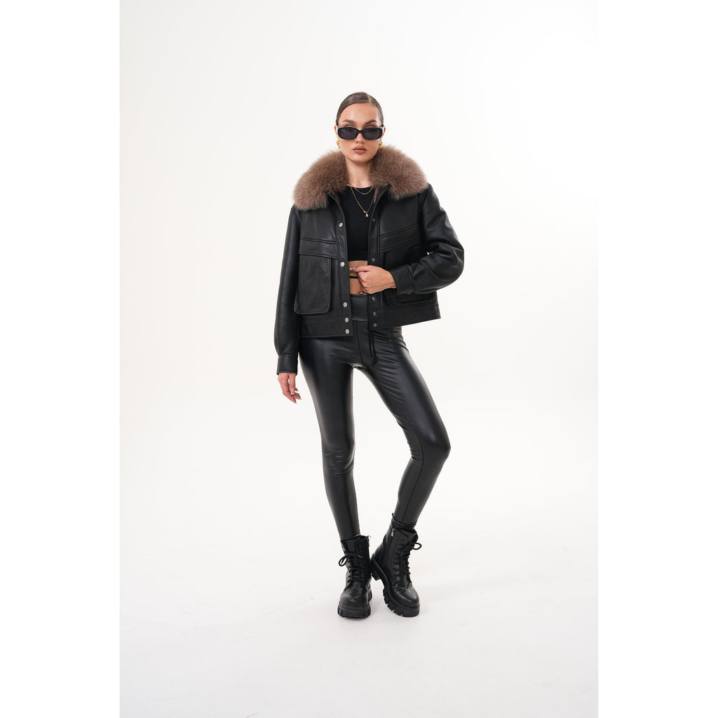 The Auretta Brown Collar Shearling Leather Women Jacket
