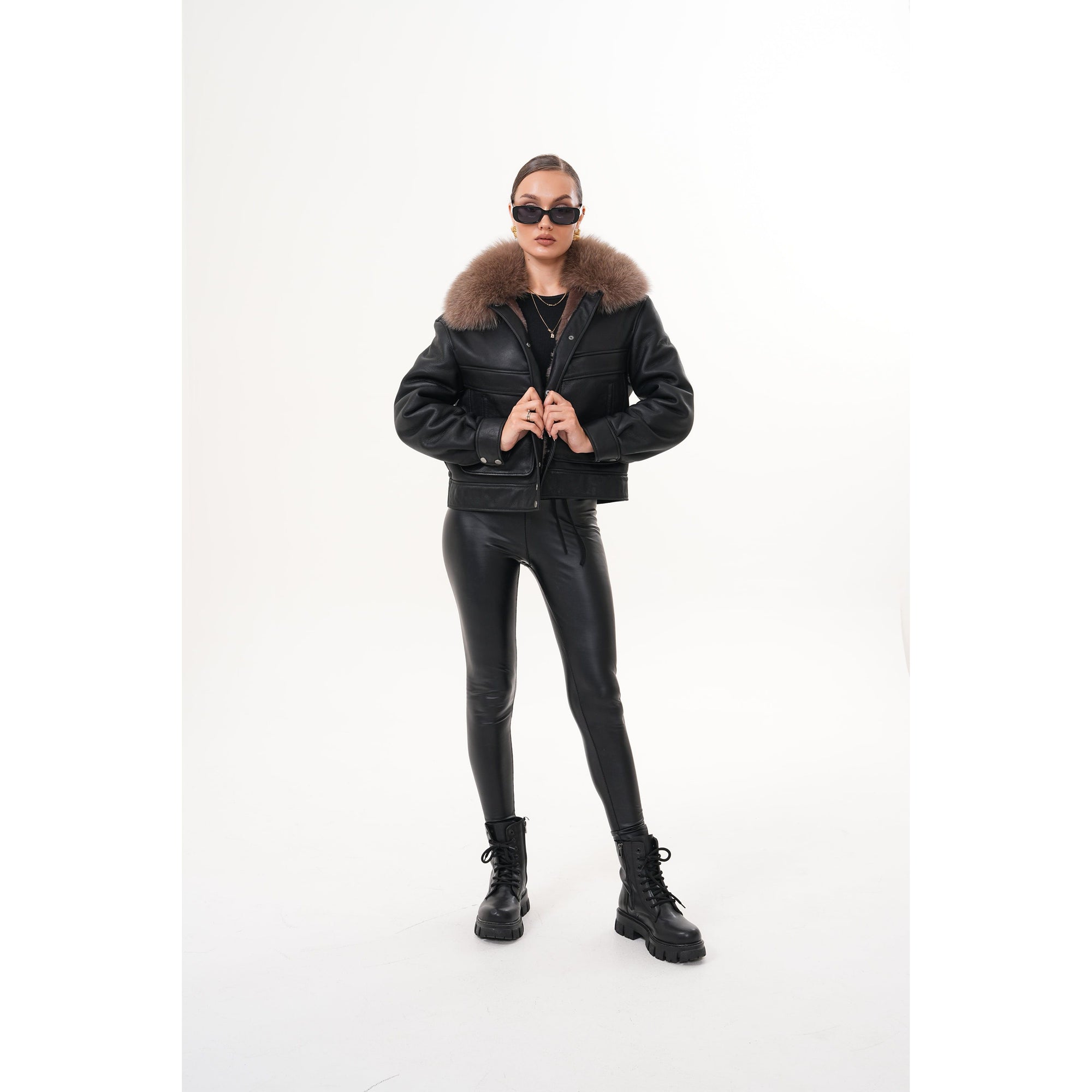 The Auretta Brown Collar Shearling Leather Women Jacket