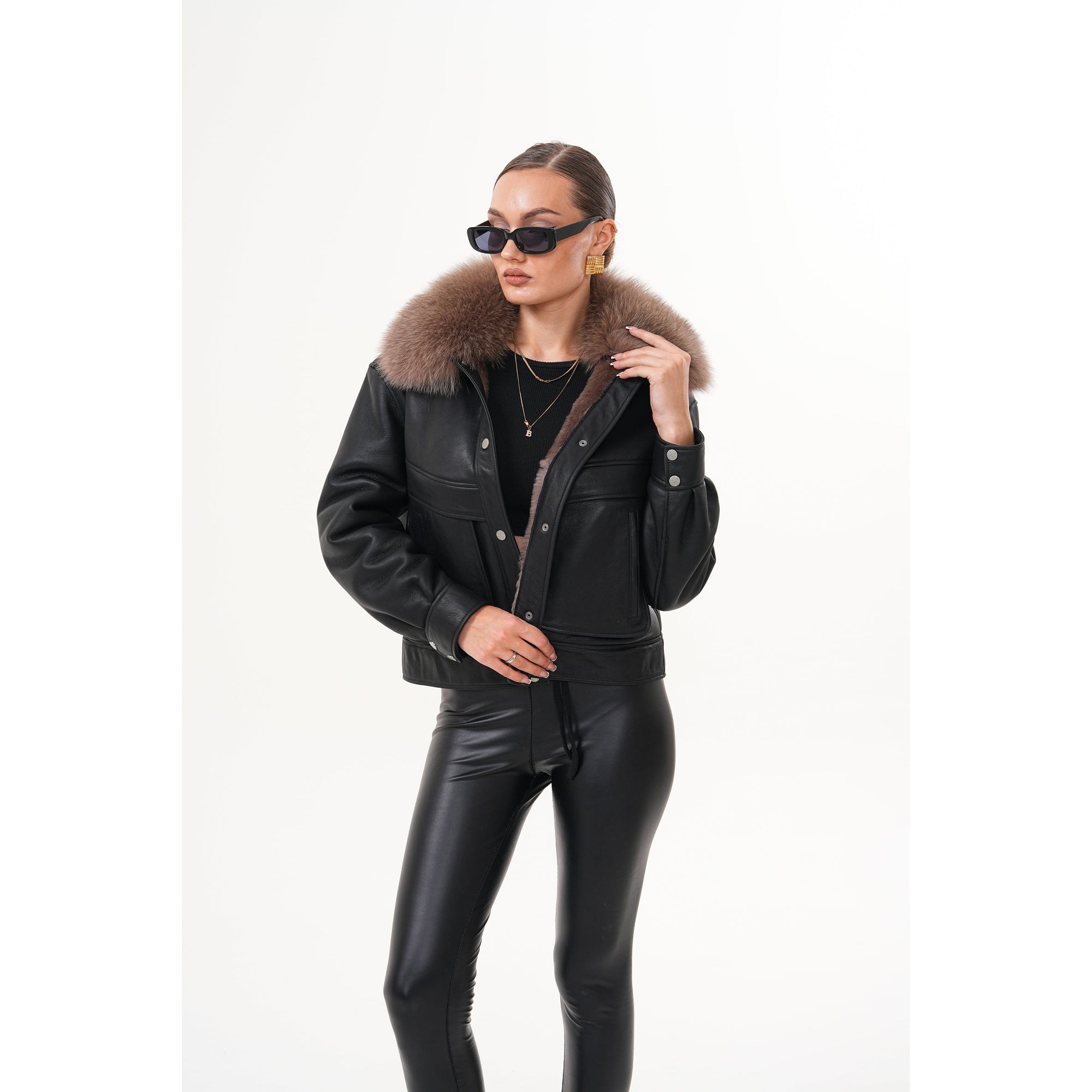 The Auretta Brown Collar Shearling Leather Women Jacket