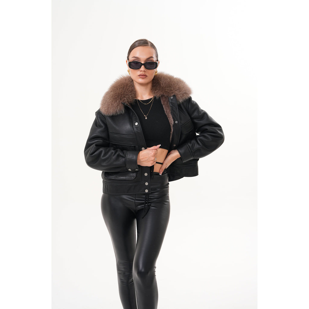 The Auretta Brown Collar Shearling Leather Women Jacket