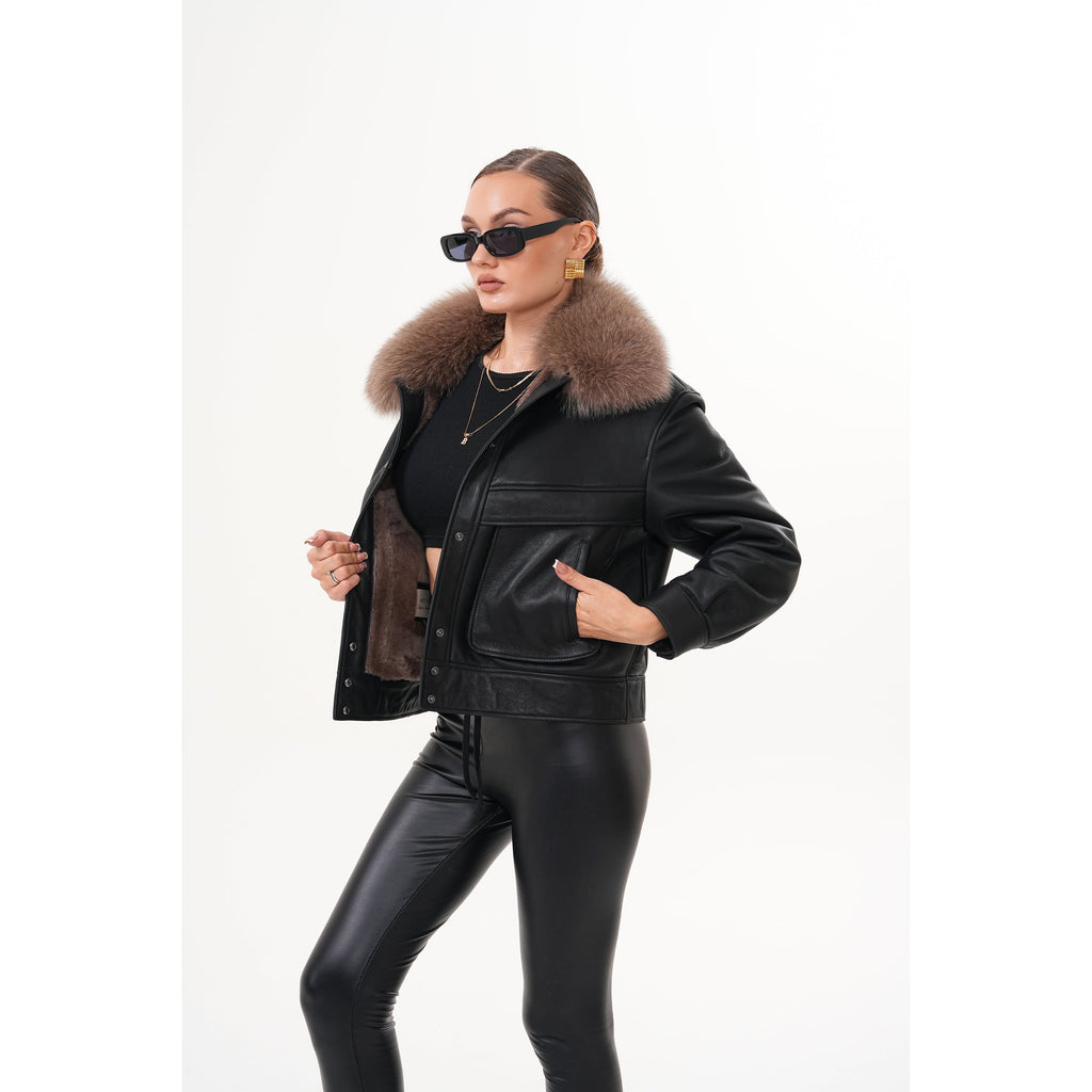The Auretta Brown Collar Shearling Leather Women Jacket
