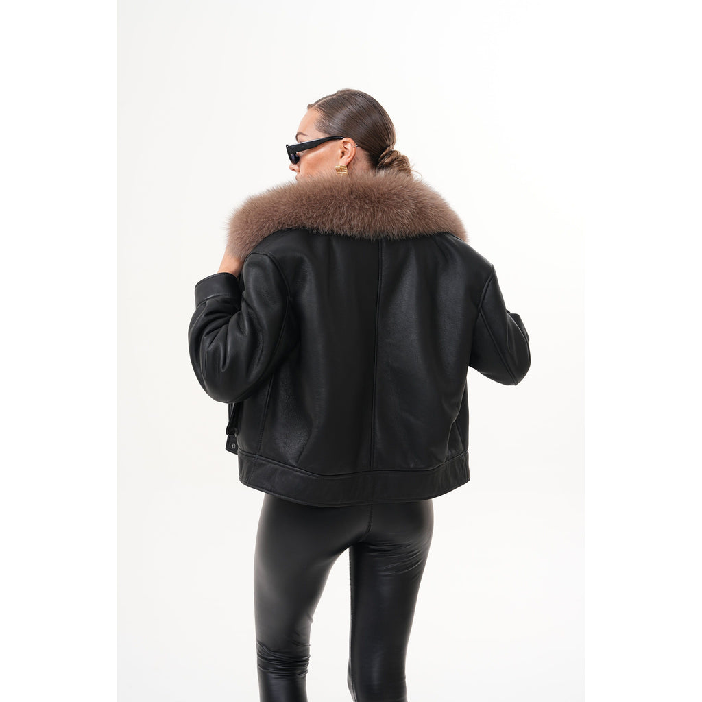 The Auretta Brown Collar Shearling Leather Women Jacket