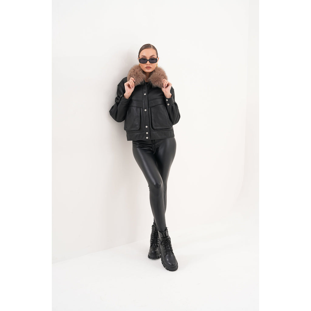 The Auretta Brown Collar Shearling Leather Women Jacket