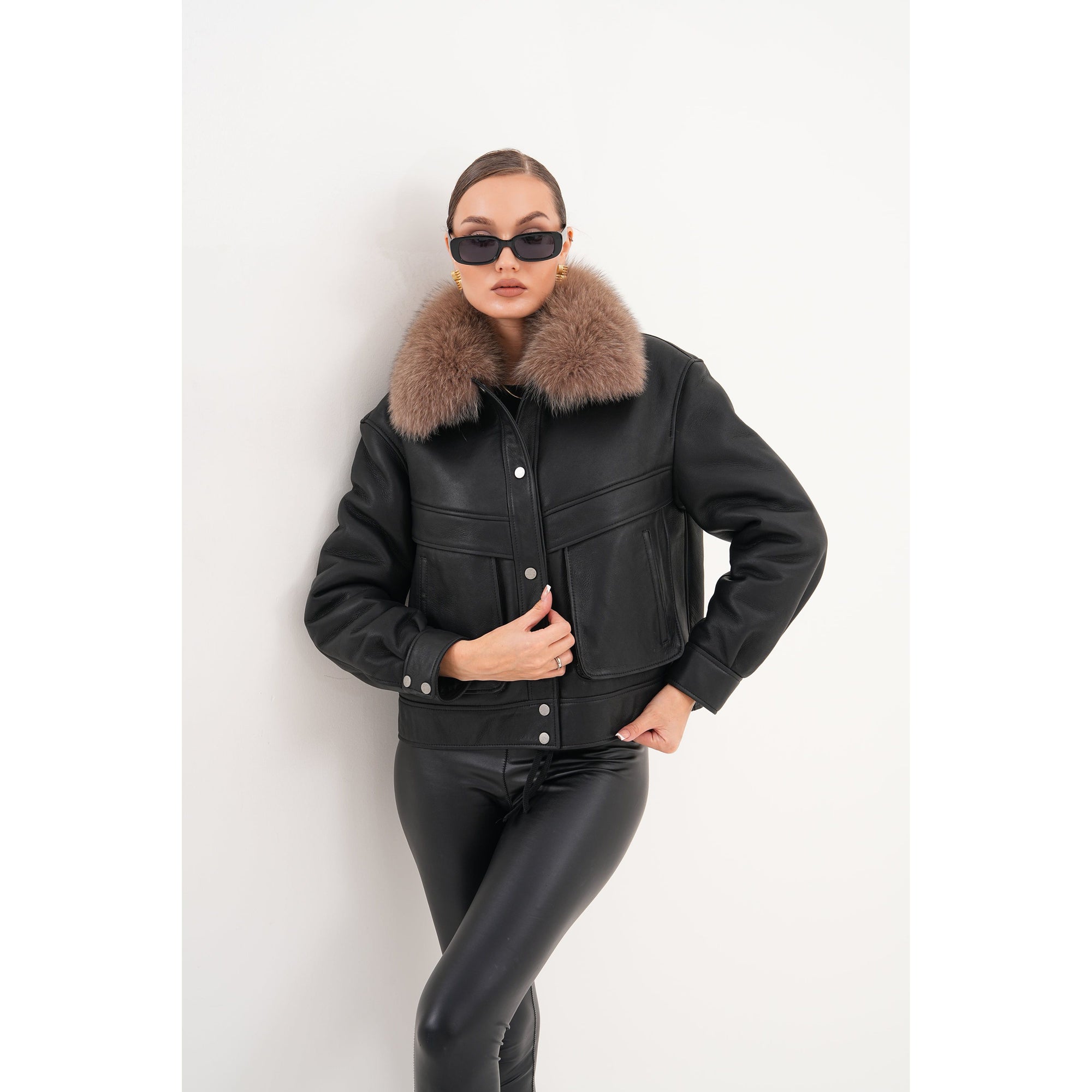The Auretta Brown Collar Shearling Leather Women Jacket