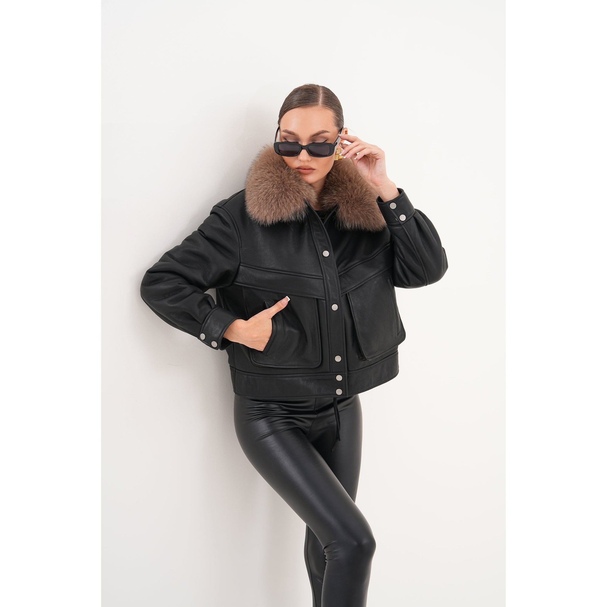 The Auretta Brown Collar Shearling Leather Women Jacket