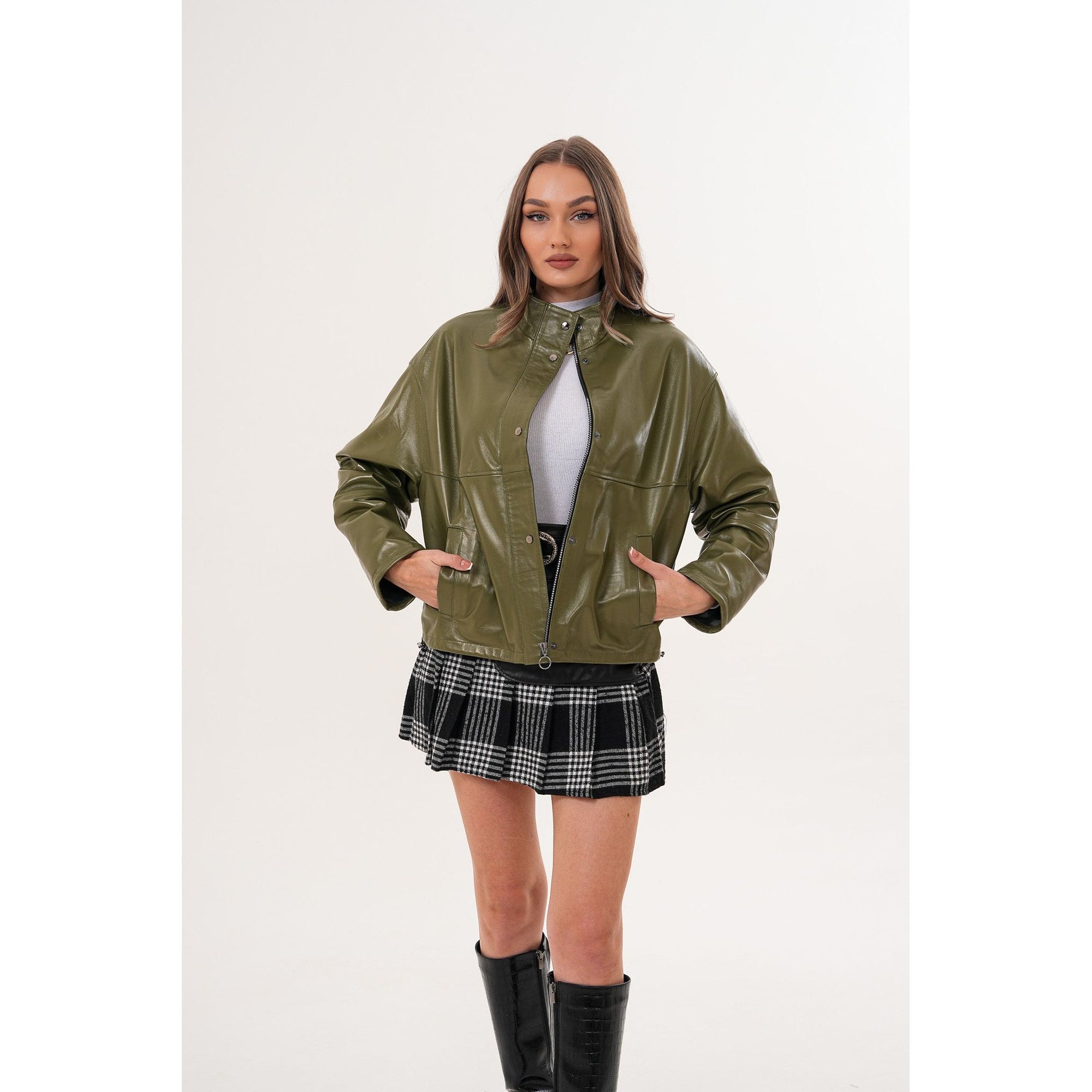 The Kireya Olive Green Genuine Leather Women Jacket
