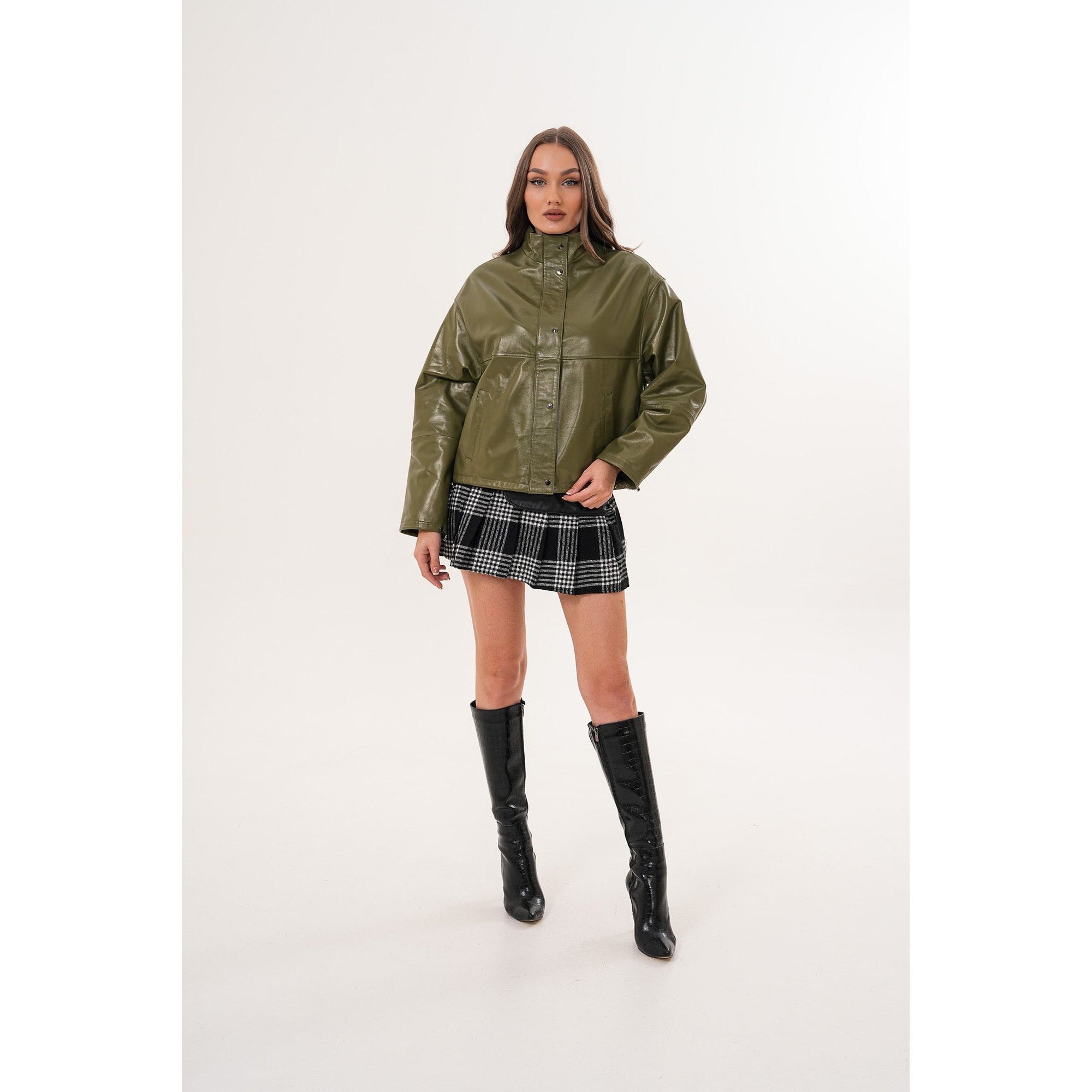 The Kireya Olive Green Genuine Leather Women Jacket