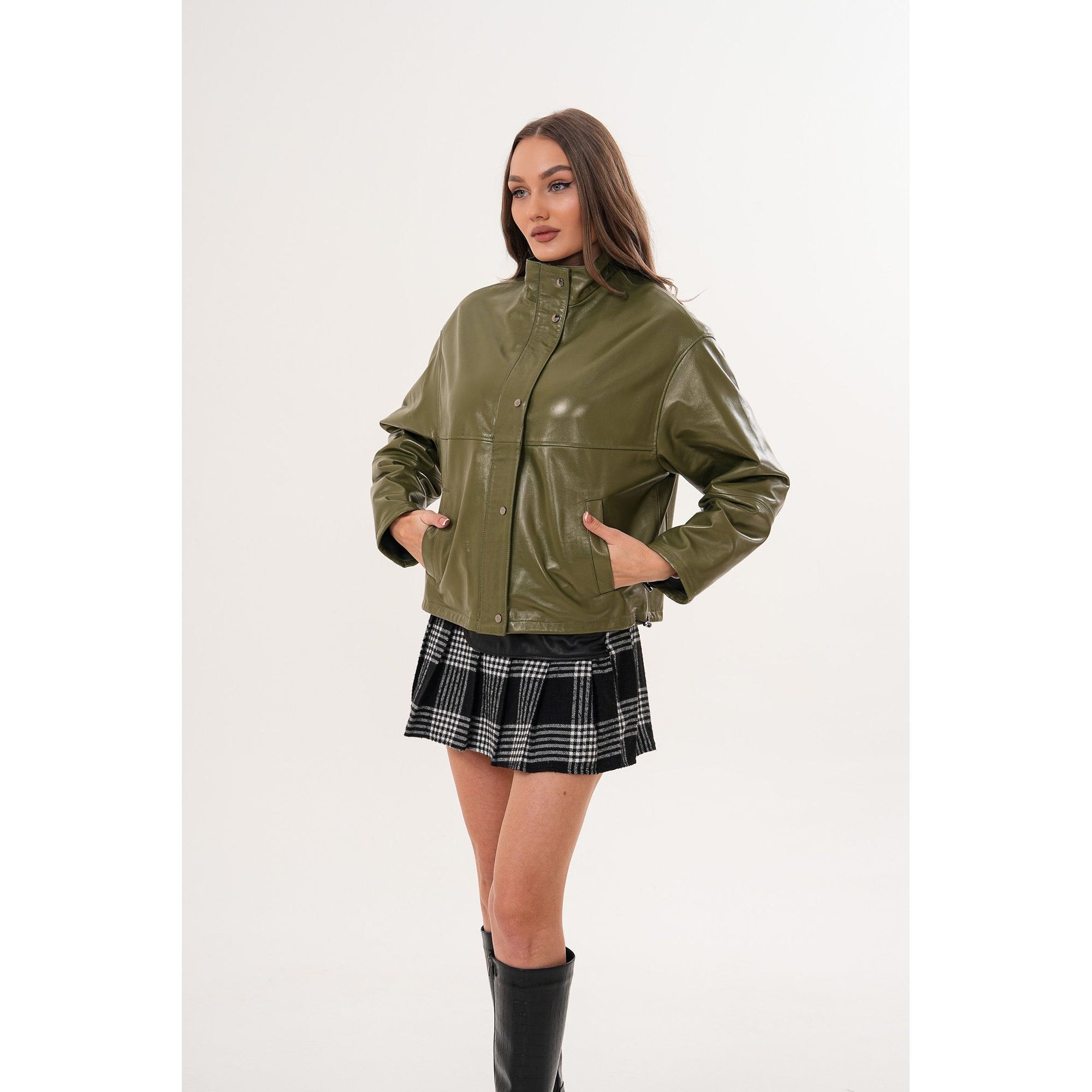 The Kireya Olive Green Genuine Leather Women Jacket