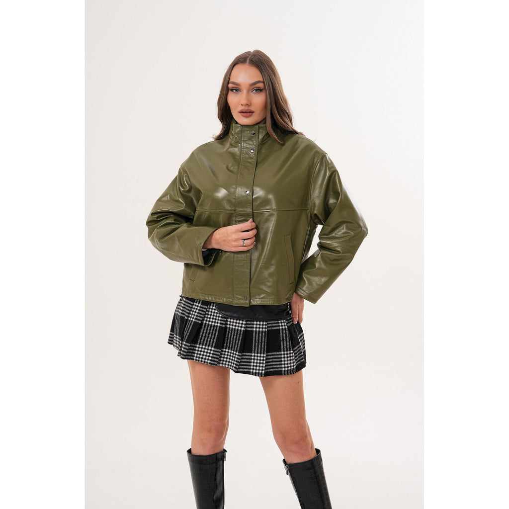 The Kireya Olive Green Genuine Leather Women Jacket