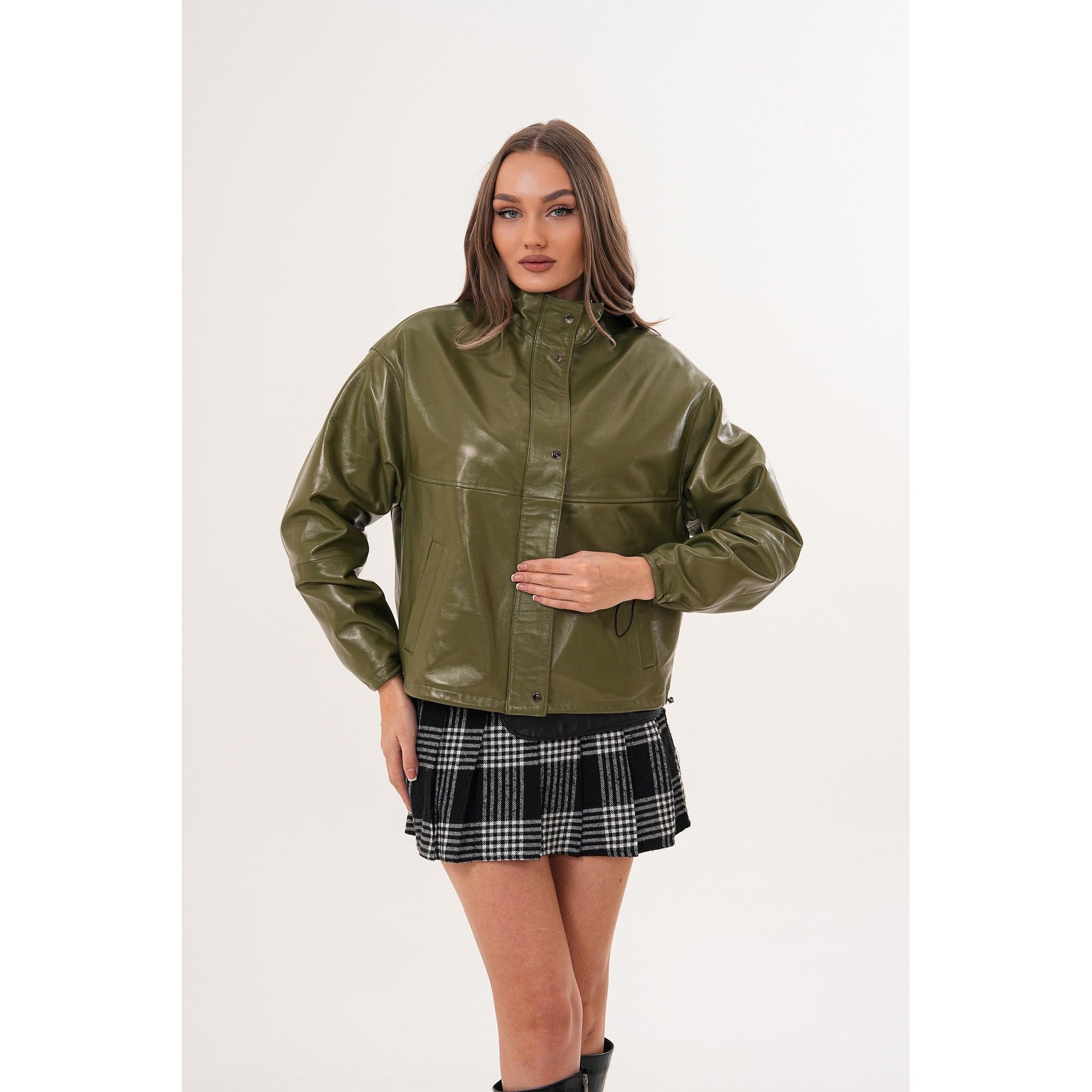 The Kireya Olive Green Genuine Leather Women Jacket