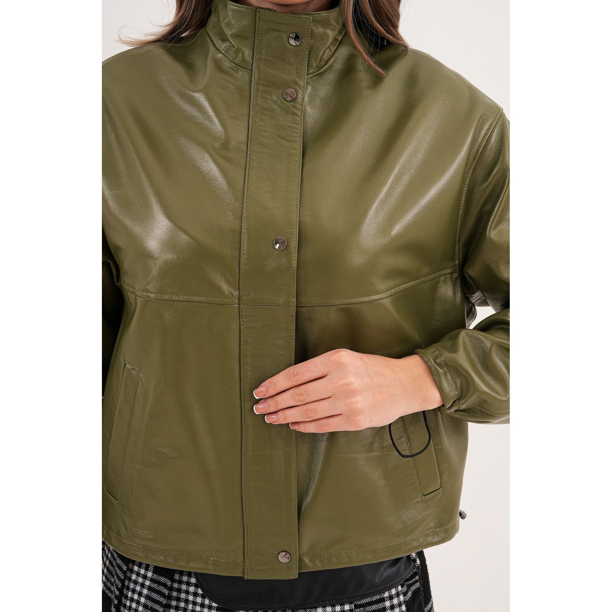 The Kireya Olive Green Genuine Leather Women Jacket