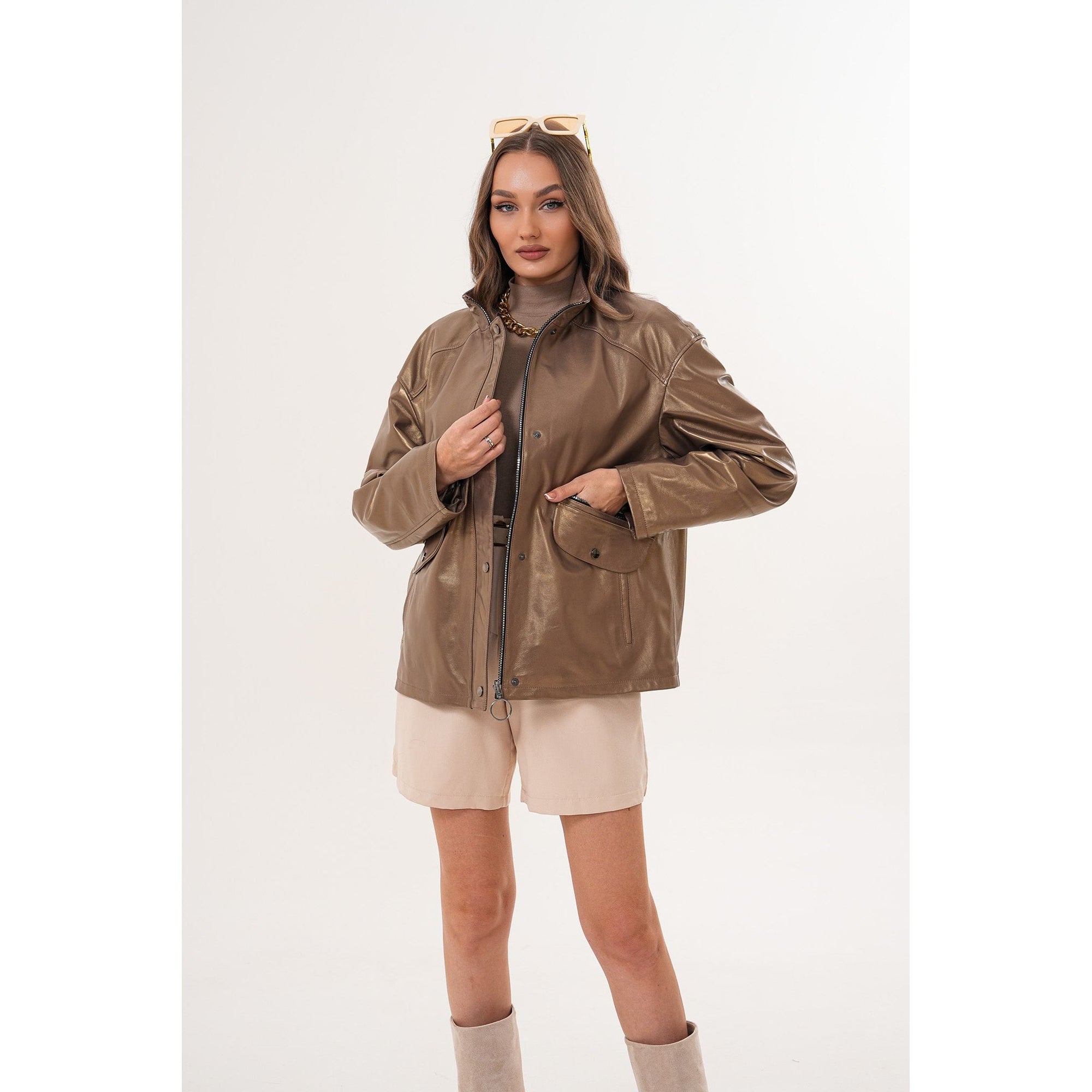 The Zayra Women Leather Jacket – Taupe Brown