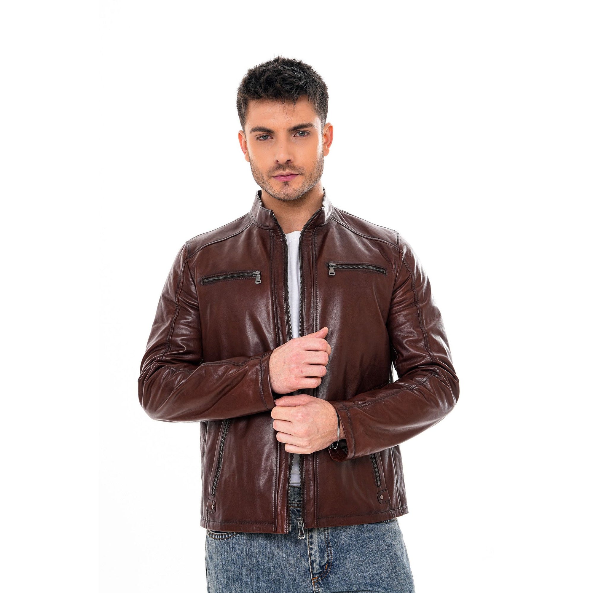 Vinci The Falcon Cognac Brown Smooth Leather Men Jacket