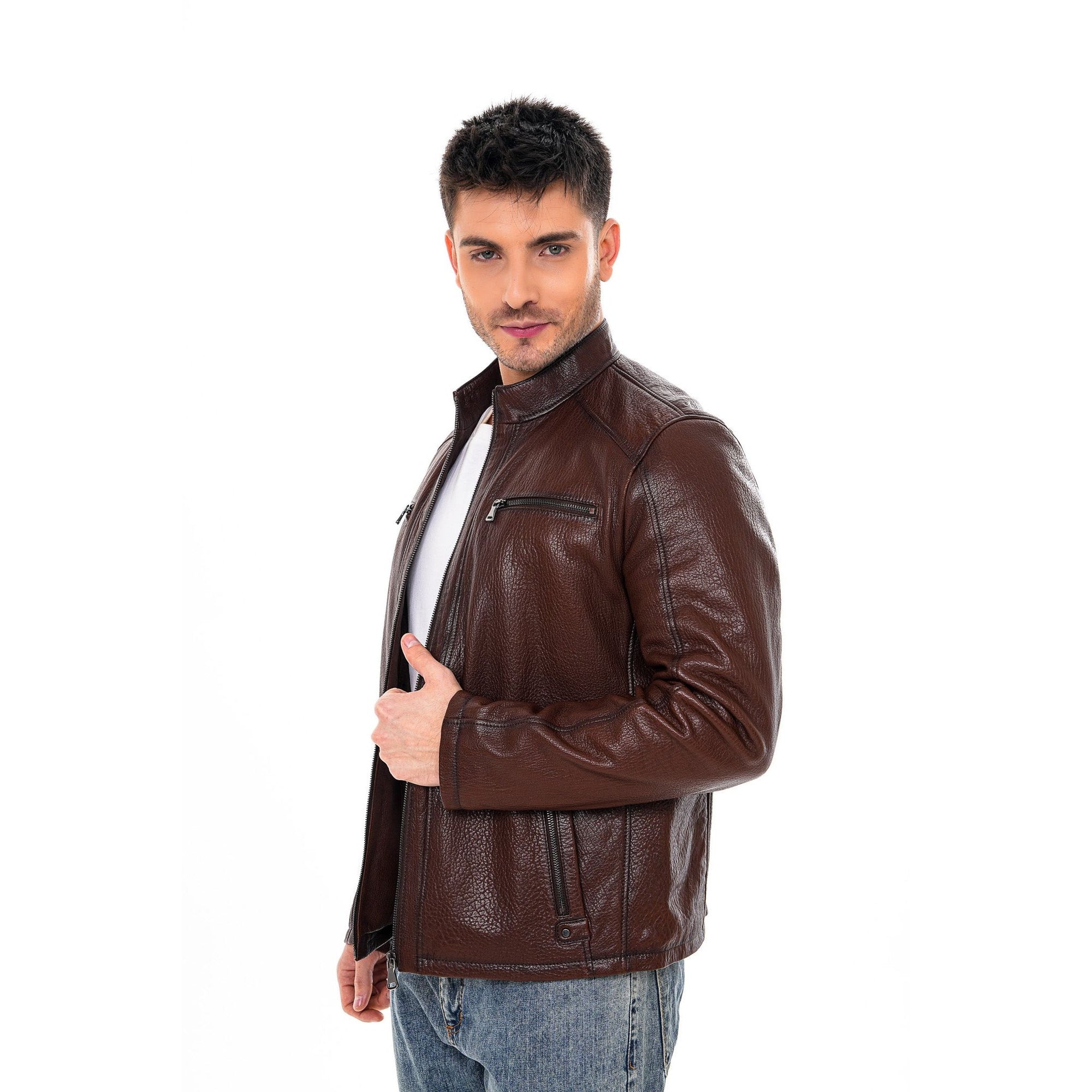 Vinci The Falcon Brown Pebbled Leather Men Jacket