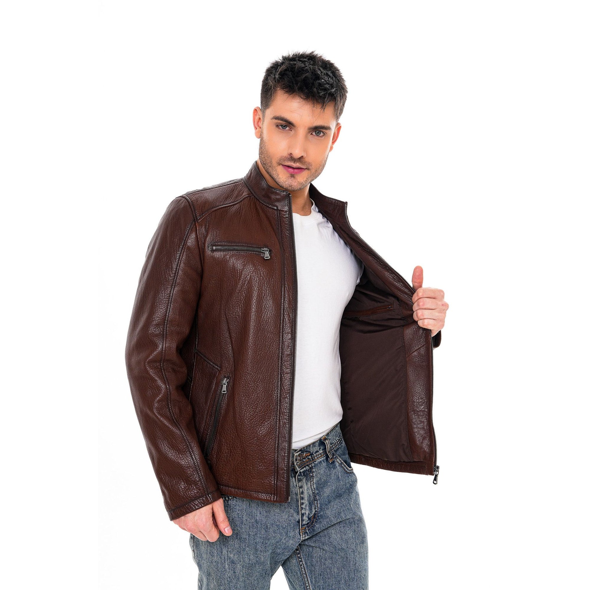 Vinci The Falcon Brown Pebbled Leather Men Jacket