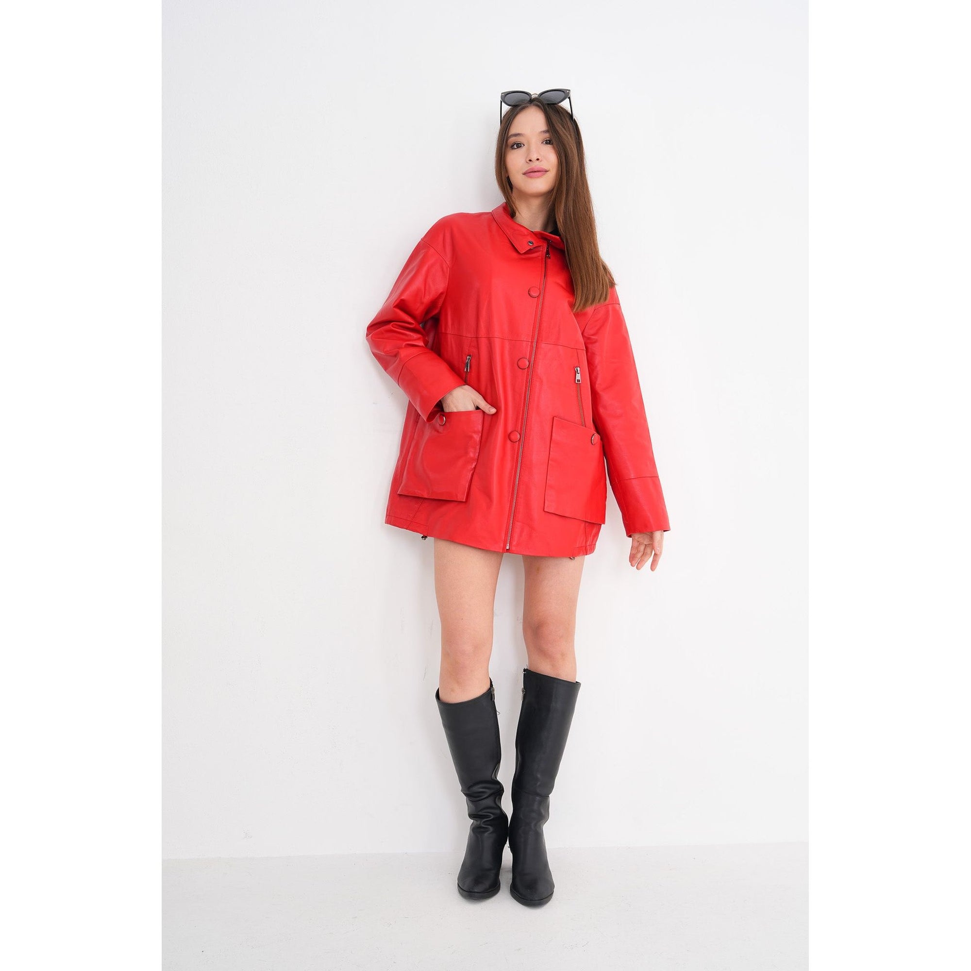 The Lioara Red Leather Women Jacket