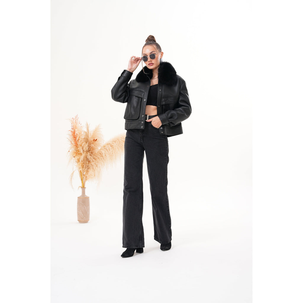 The Auretta Black Shearling Leather Women Jacket