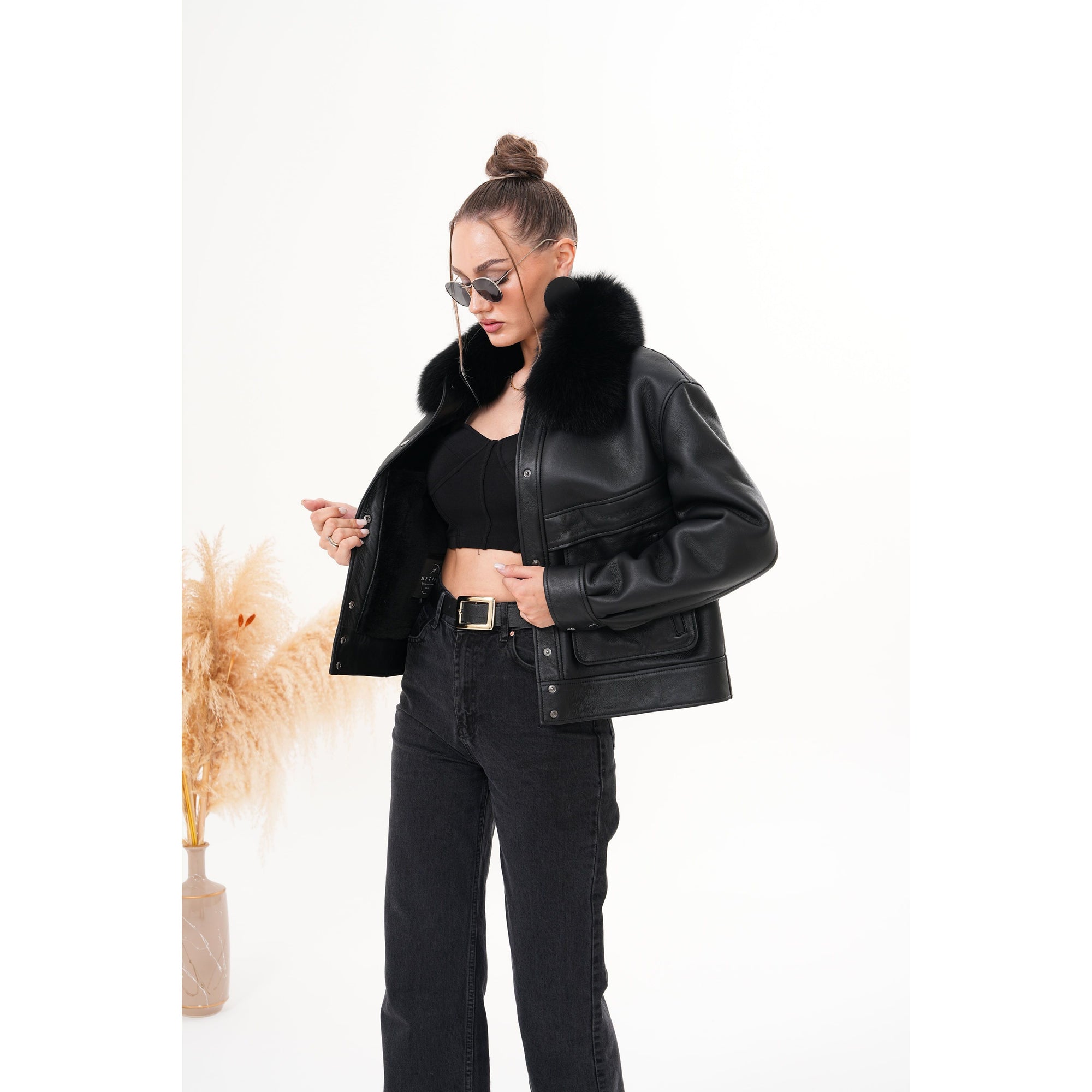 The Auretta Black Shearling Leather Women Jacket