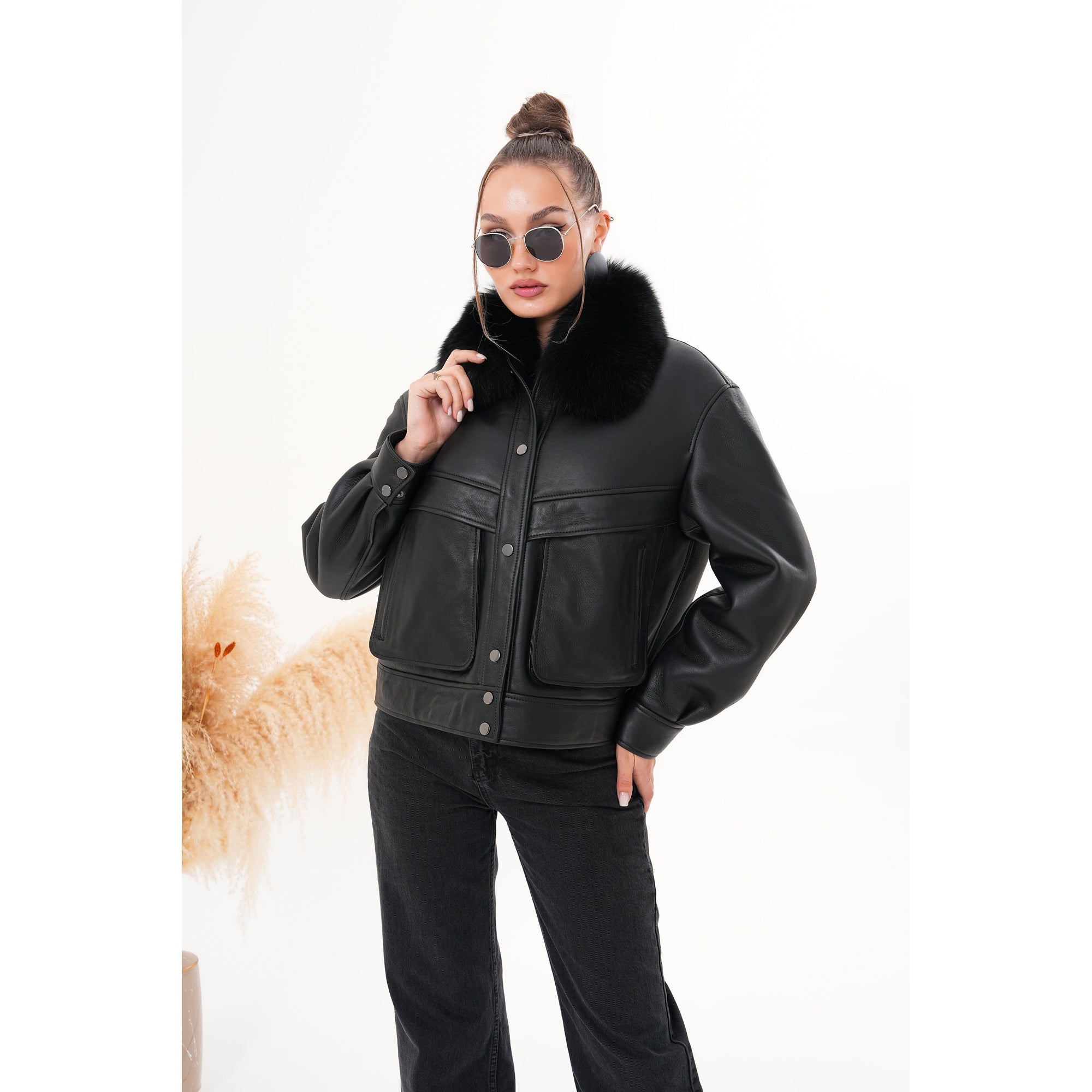The Auretta Black Shearling Leather Women Jacket