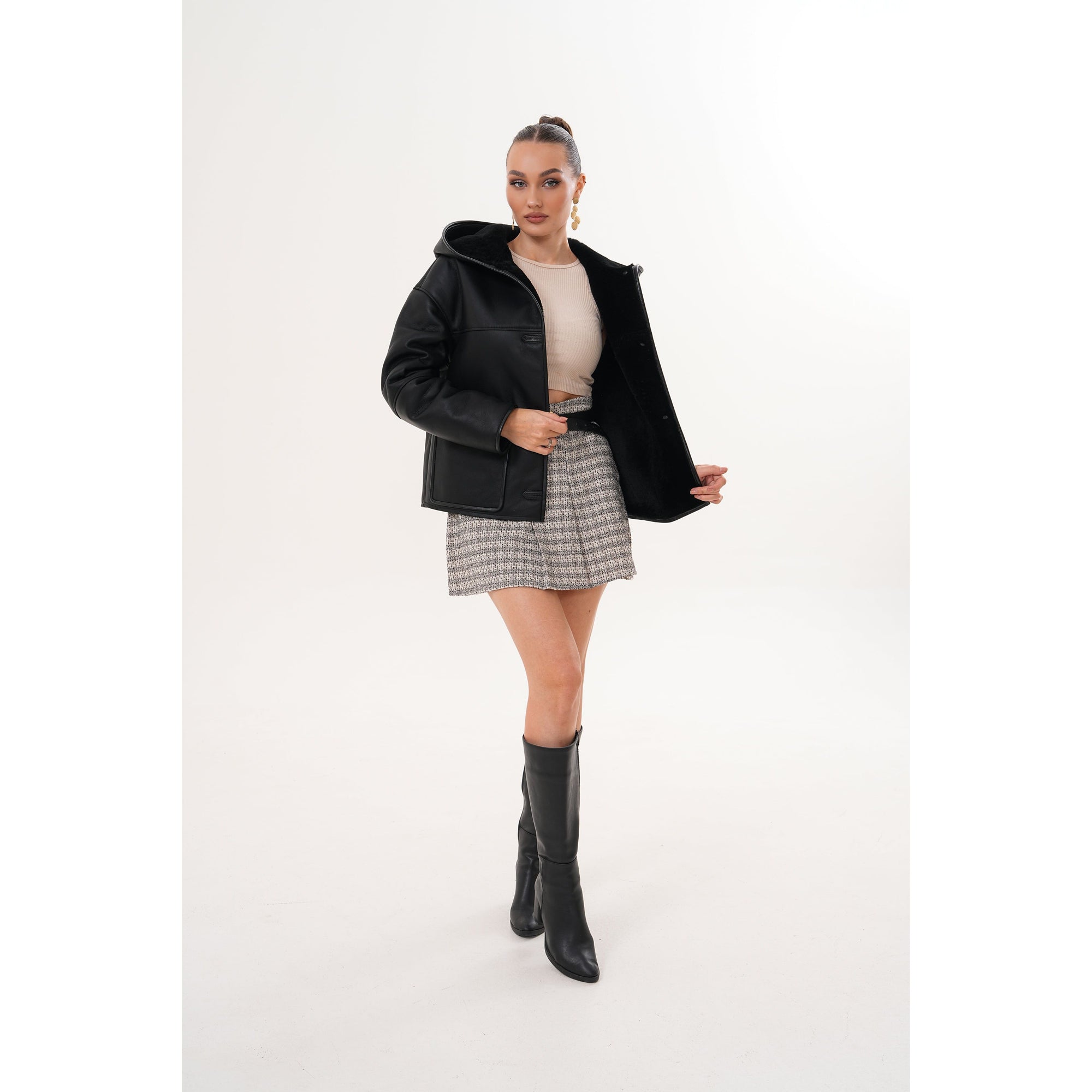 Vinci The Arlena Black Shearling Leather Women Jacket
