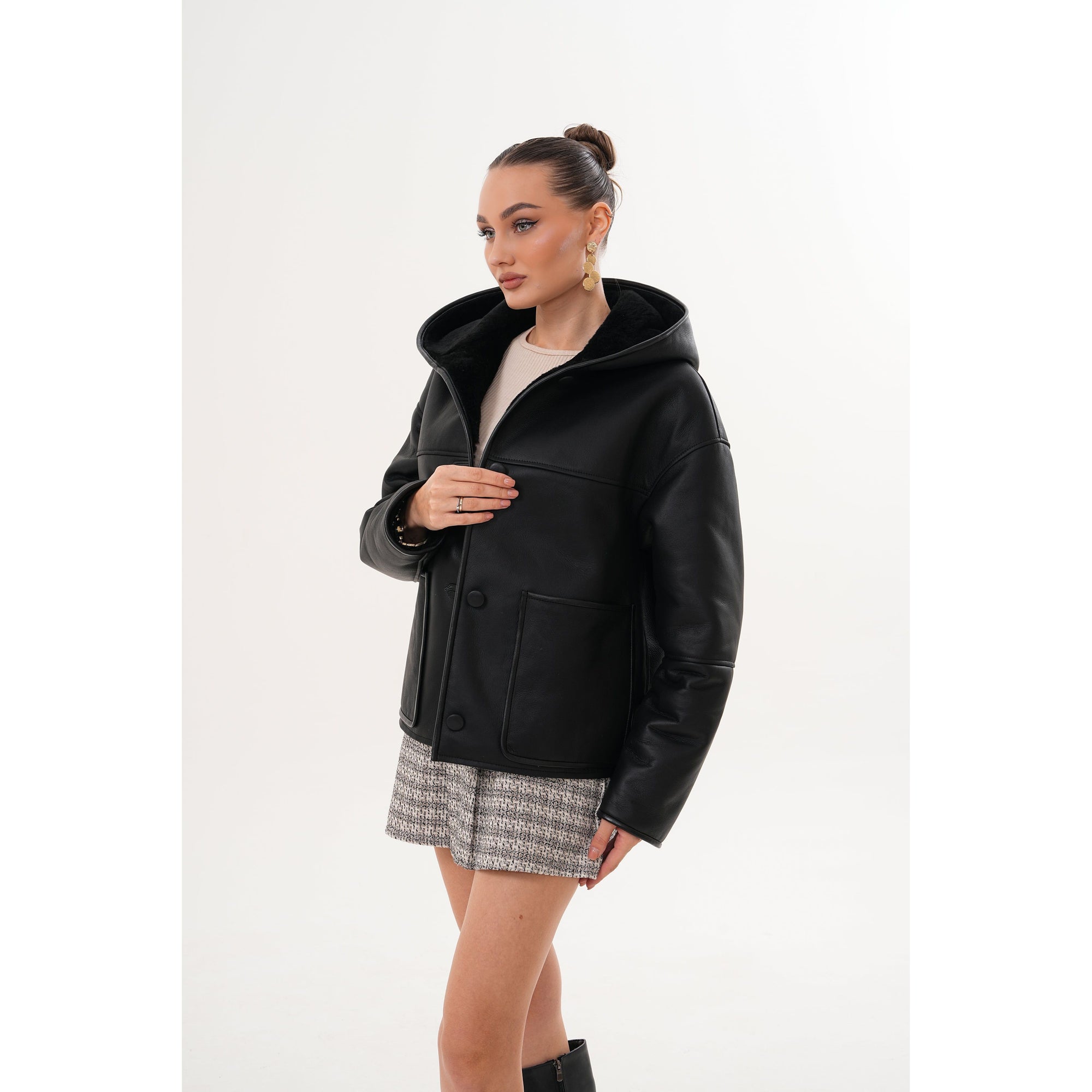 Vinci The Arlena Black Shearling Leather Women Jacket