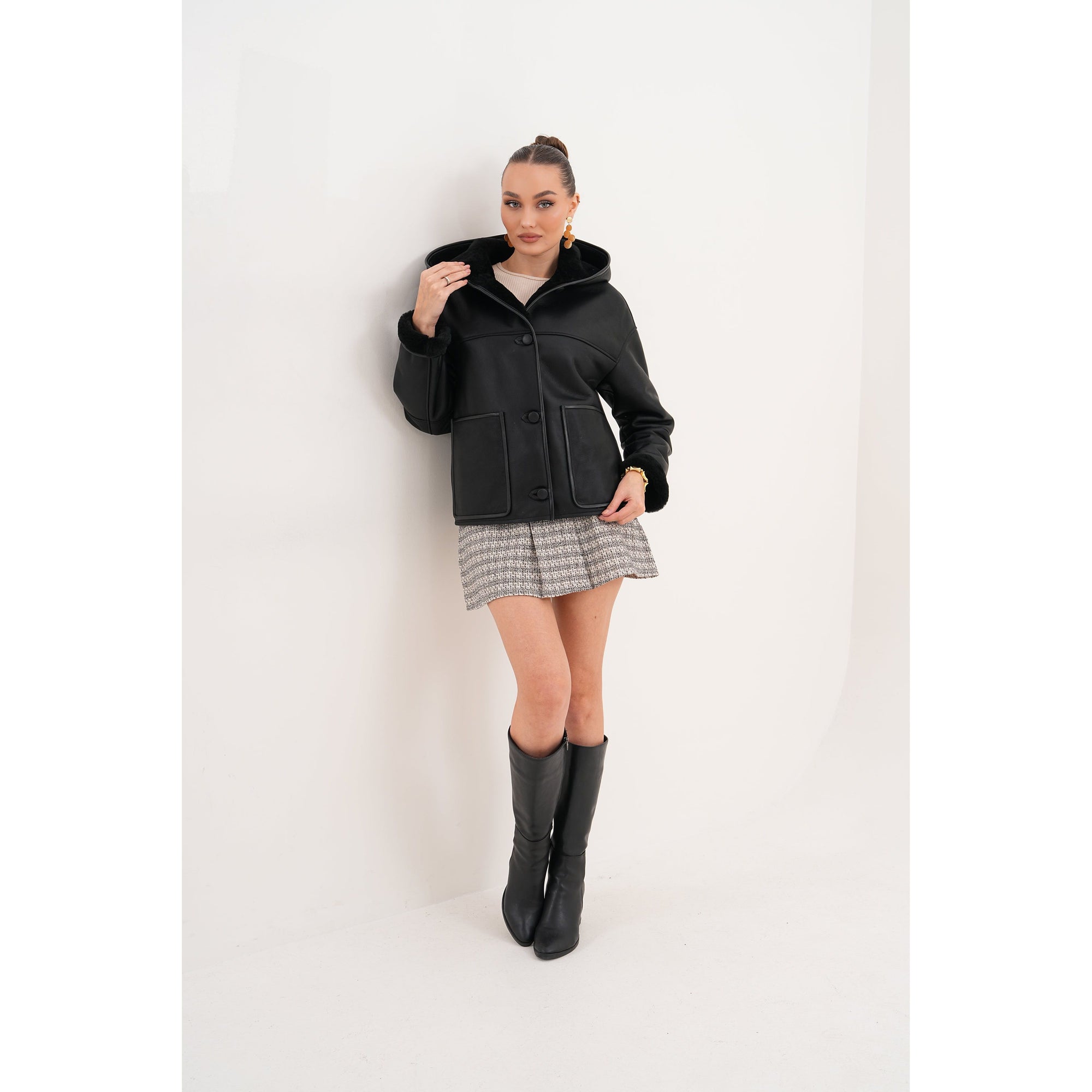 Vinci The Arlena Black Shearling Leather Women Jacket