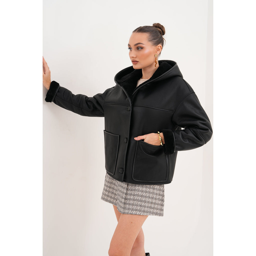 Vinci The Arlena Black Shearling Leather Women Jacket