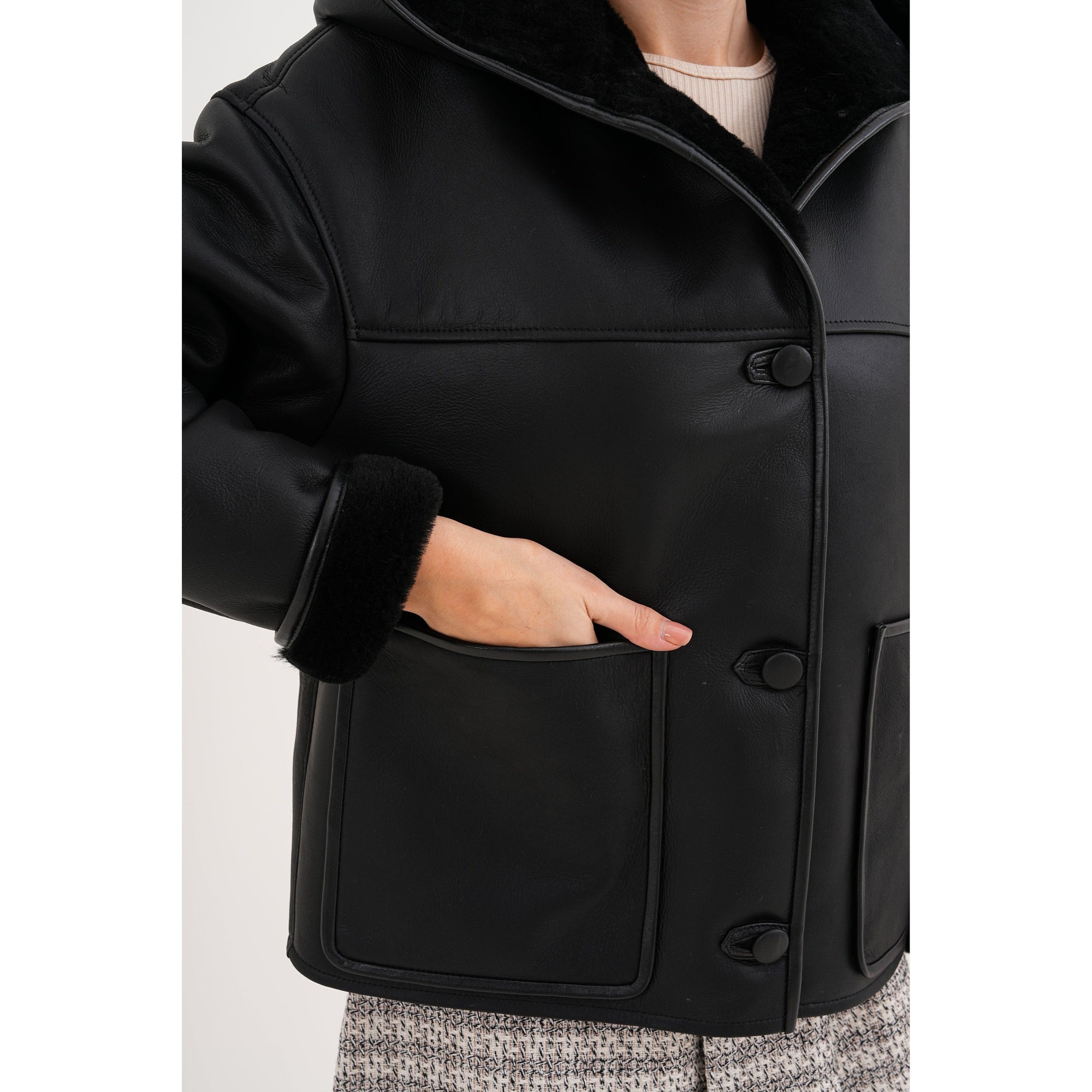 Vinci The Arlena Black Shearling Leather Women Jacket