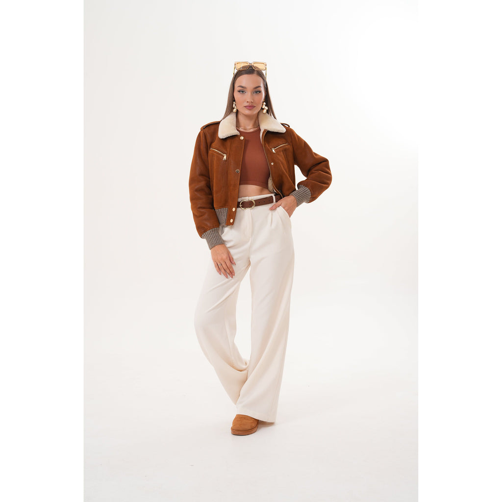 The Amber Shearling Collar Suede Women Leather Jacket