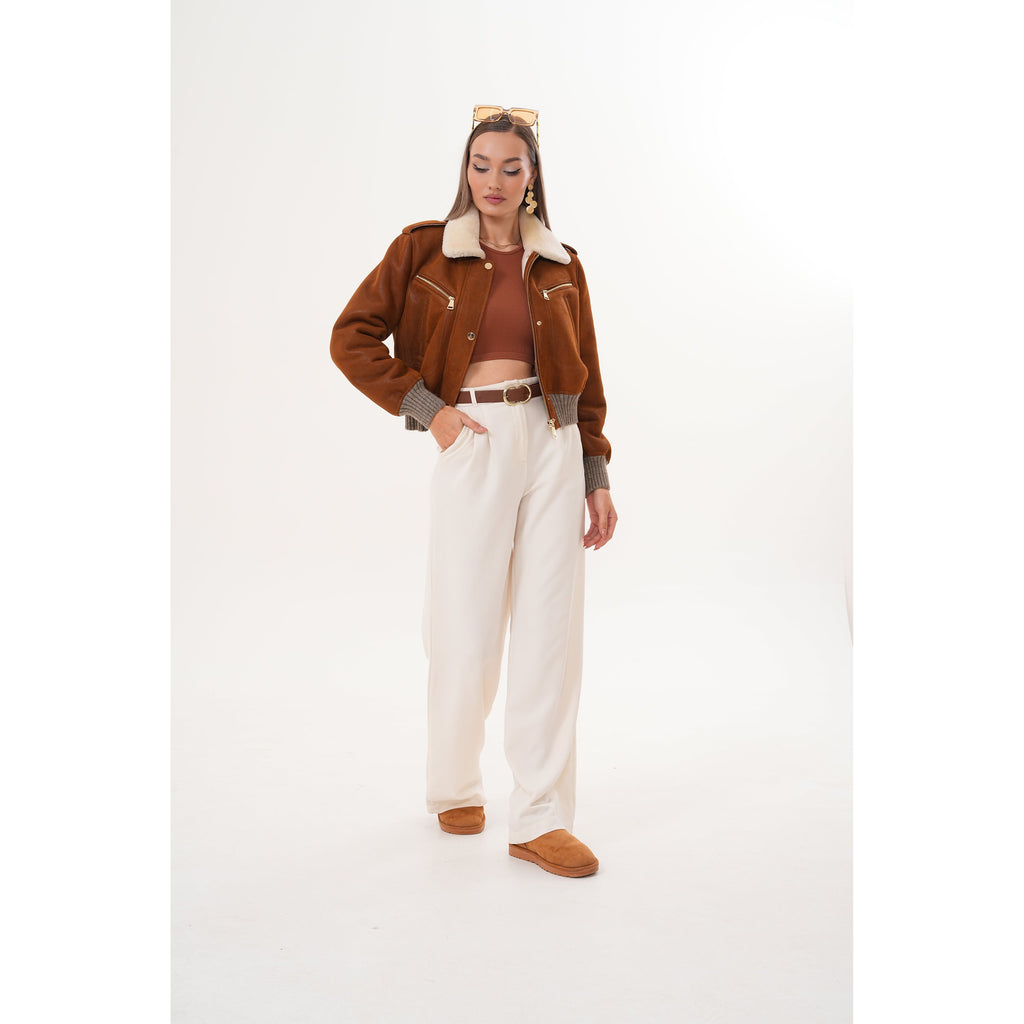 The Amber Shearling Collar Suede Women Leather Jacket