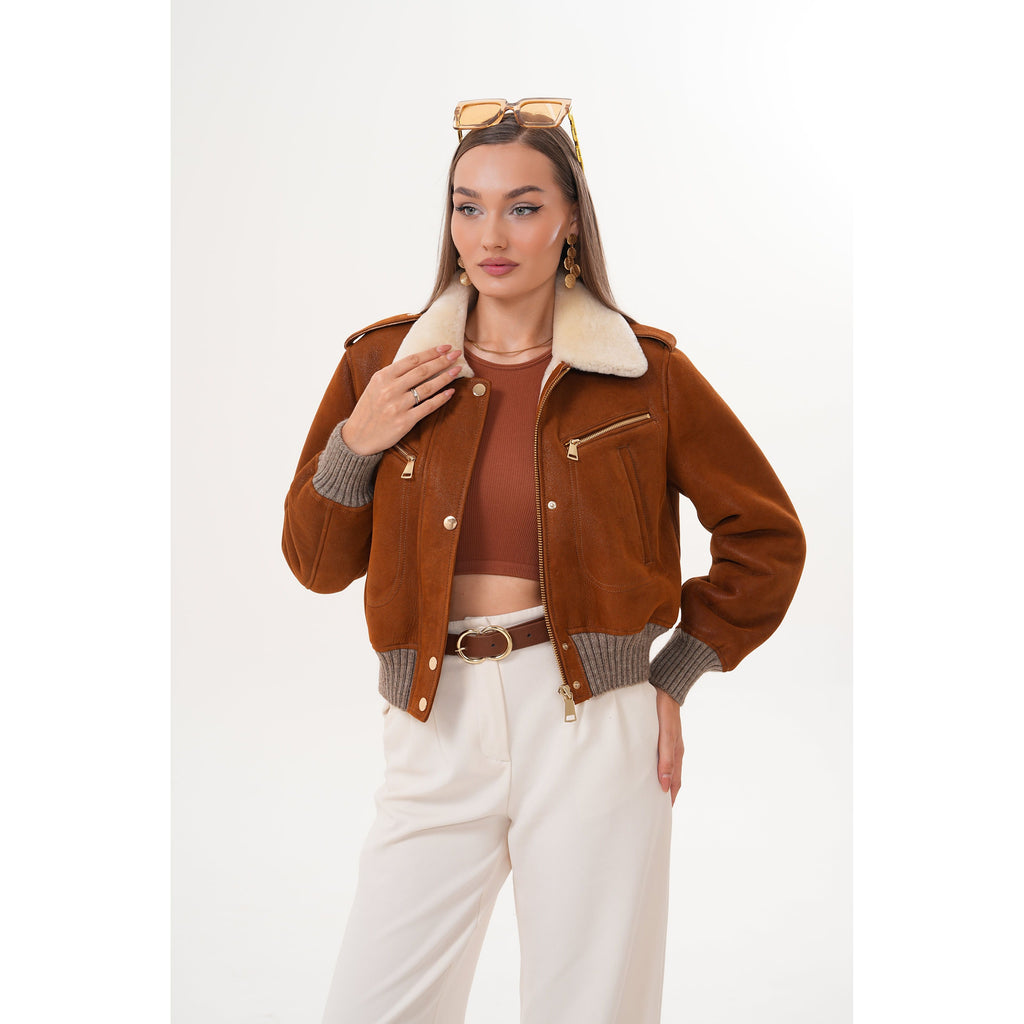The Amber Shearling Collar Suede Women Leather Jacket