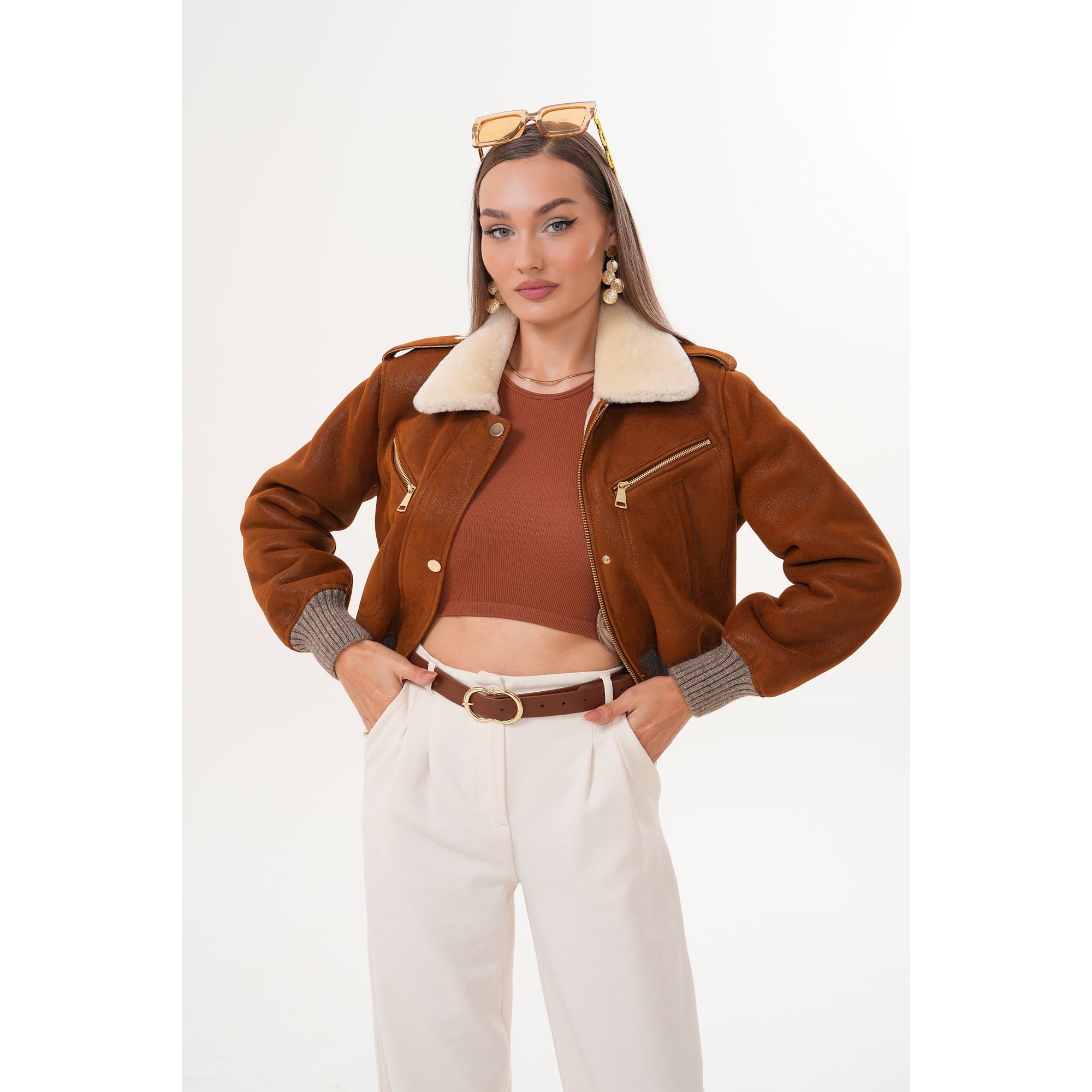 The Amber Shearling Collar Suede Women Leather Jacket